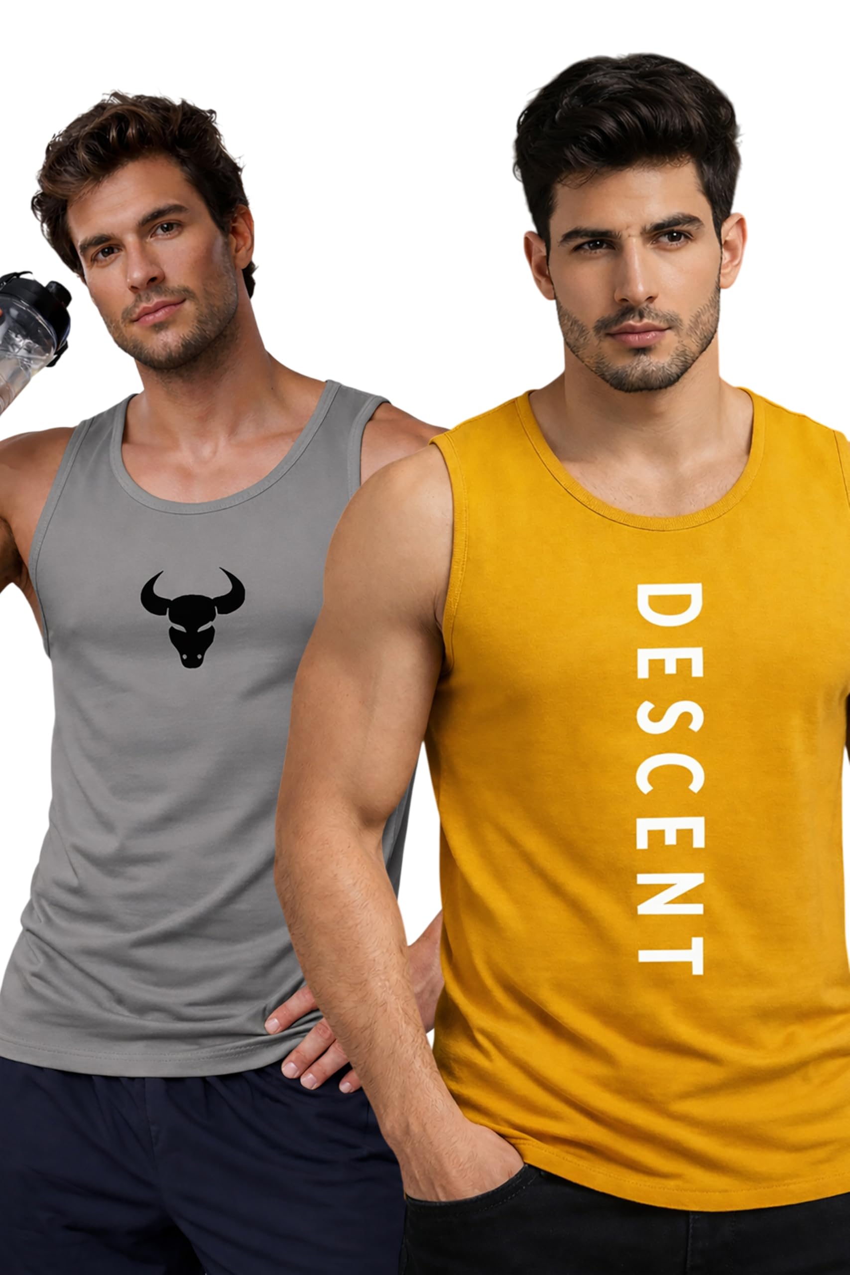 Polyester Letter Printed Vest for Men - Pack of 2 - Yellow & Grey | Round Neck | Sleeveless | Regular Fit | Summer & Gym Wear Tank Top for Men-image-29