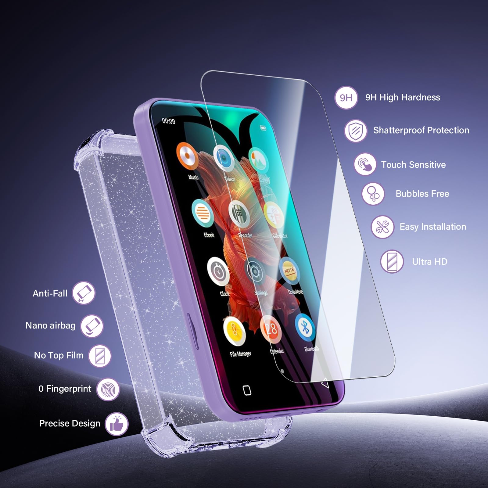 Schutzhülle und Displayschutzfolie aus gehärtetem Glas für innioasis G1 G3 MP3-Player, 2-in-1-Set, transparente TPU-Abdeckung, kratzfest, Stoßdämpfung, 9H Härte, HD klar, 2 Stück
