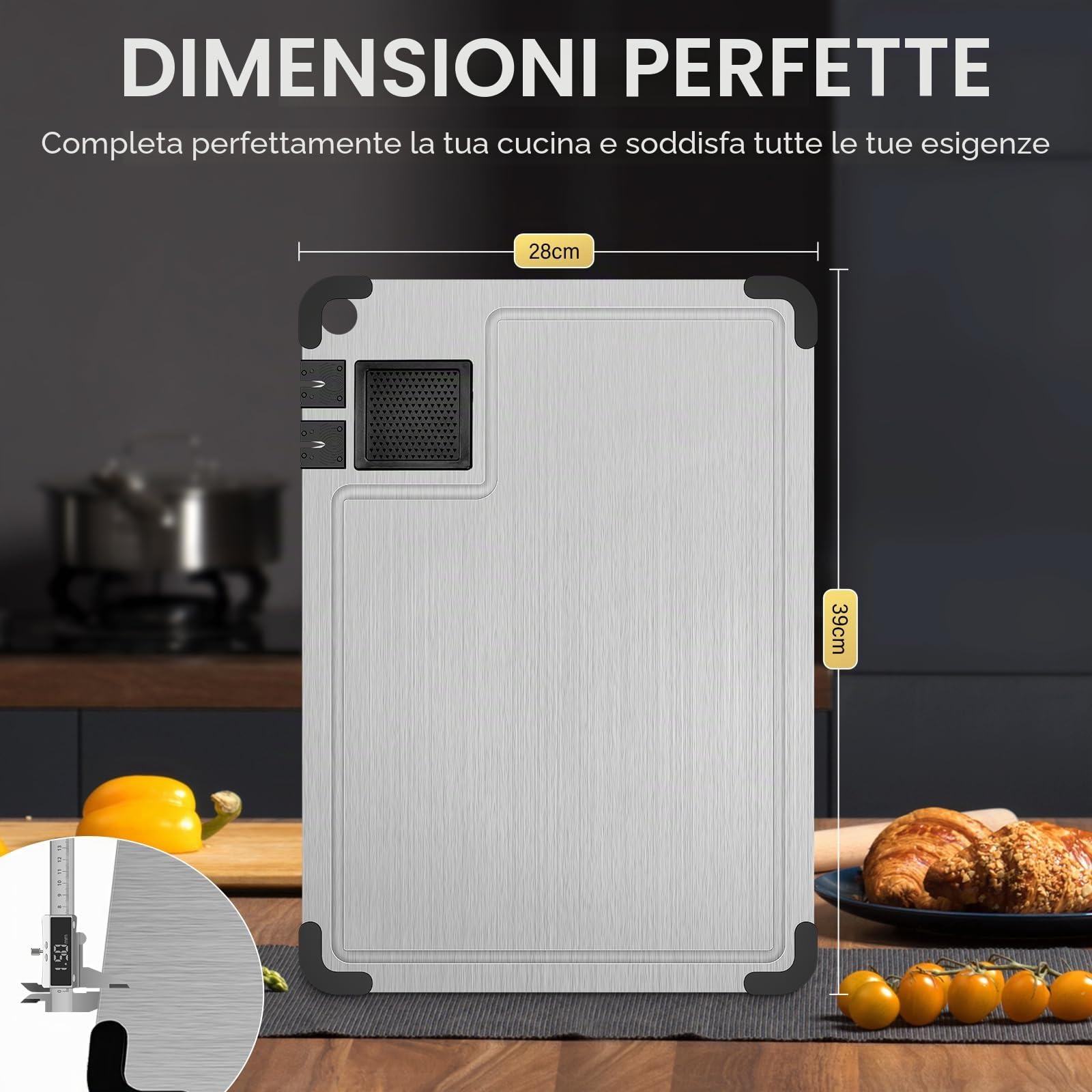 Tagliere in acciaio inox 316, Multifunzione Tagliere Cucina Tagliere in Acciaio Inossidabile Alimentare con affilacoltelli integrato, scanalatura e angoli in silicone antiscivolo