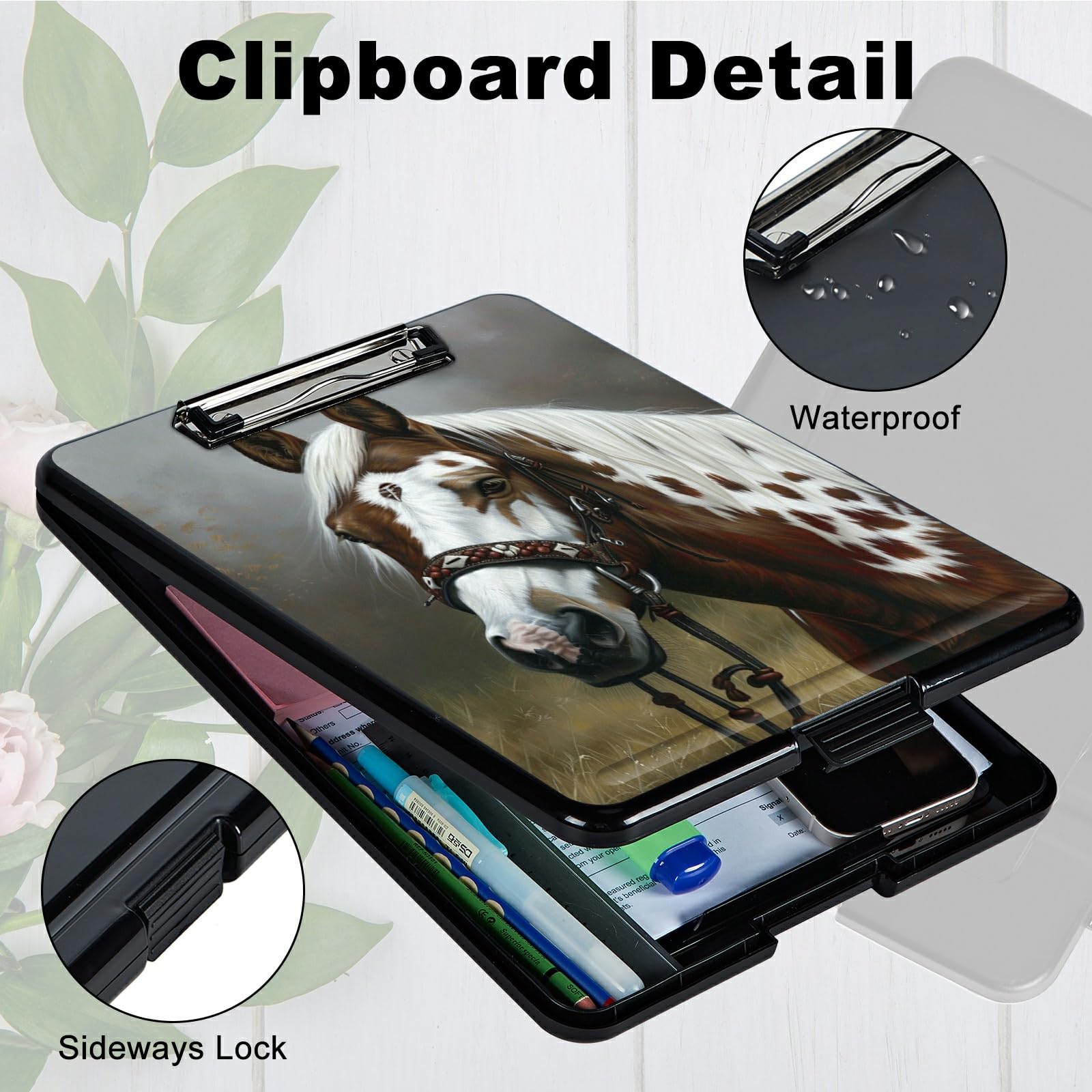RWUTYTIUL Horse A4 Clipboard with Storage Pen Holder, Clipboards Organizer Nursing Clipboard Foldable File Folder Plastic Clipboard Folio Clip Board for Office Students Classroom Doctor - Image 3