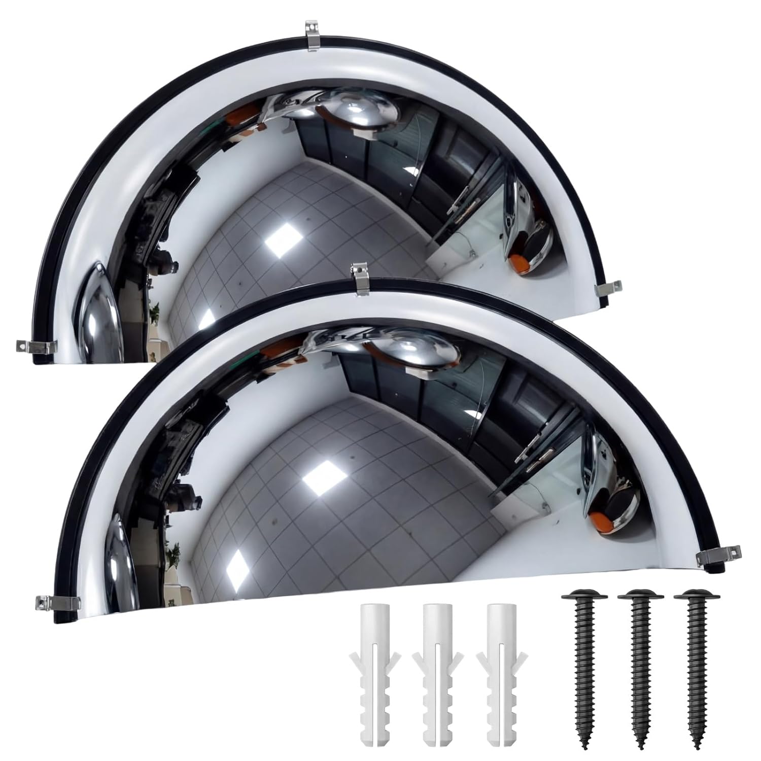 13" 2Pcs Half Circle Dome Corner Mirror Blindspot, Acrylic Traffic Convex Mirror with Black Rubber Strip Ceiling Mirror Industrial Security Mirrors for Wall Outdoor Hallway Warehouse Office Garage