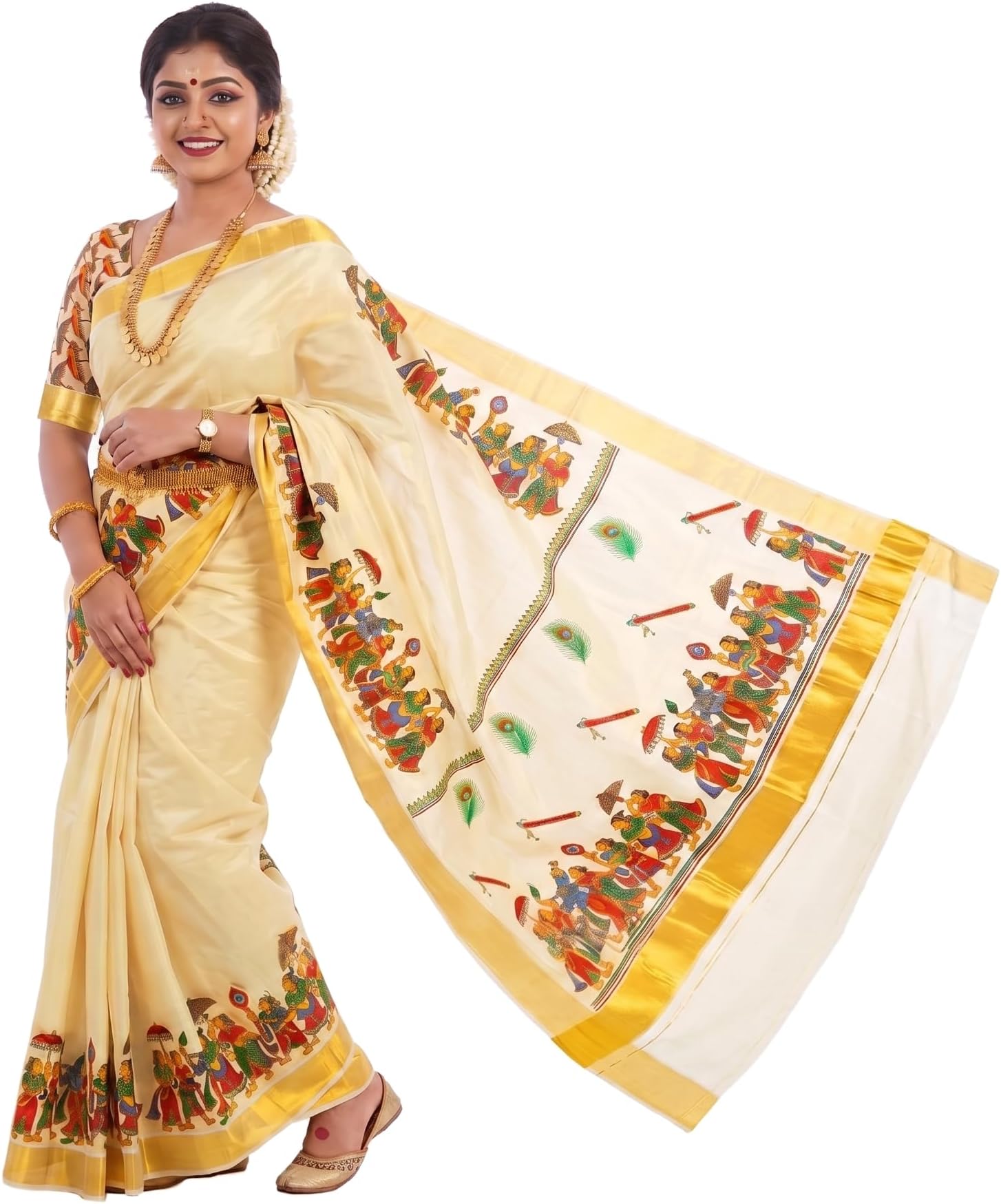 Women's Printed Kerala Gold Tissue Saree with Running Blouse