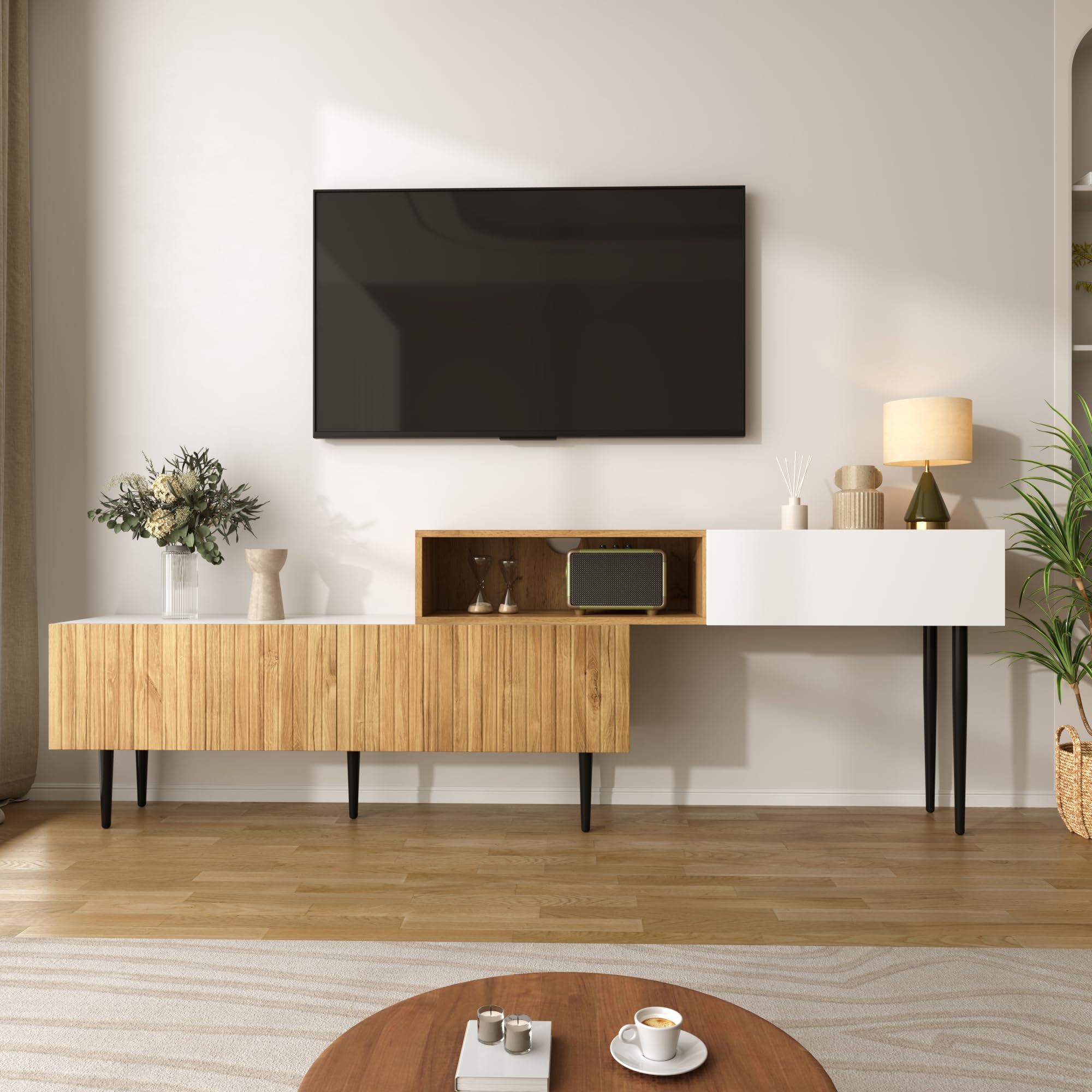 Merax TV Cabinet TV Stand with Adjustable Length, Modular 2-Part Design, Wood Look + Matte White, Black Metal Legs, Multifunctional Living Room Furniture