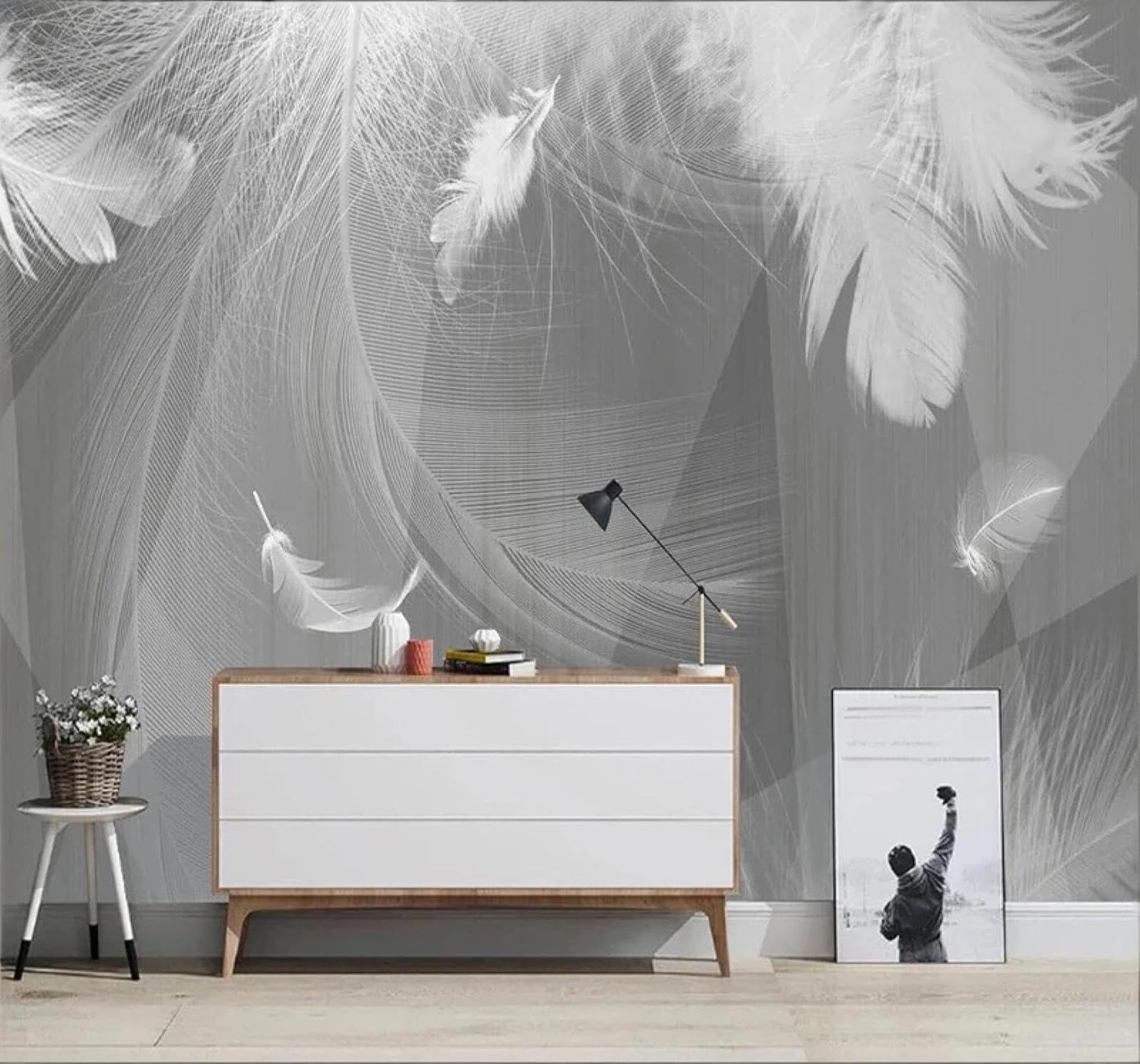 XLMING Minimalist Black and White Grey Geometric Feathers 3D Wallpaper Luxury Silk Study Dining Feature Sofa Grey Bedroom Living Room Tv Decorative Wall-250cm×170cm