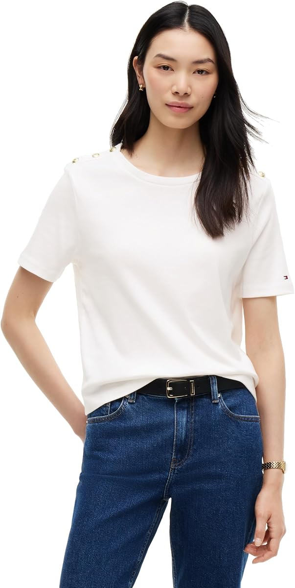 Tommy Hilfiger Camiseta de manga corta de algodón con cuello redondo y diseño de hombros adornados con botones para mujer