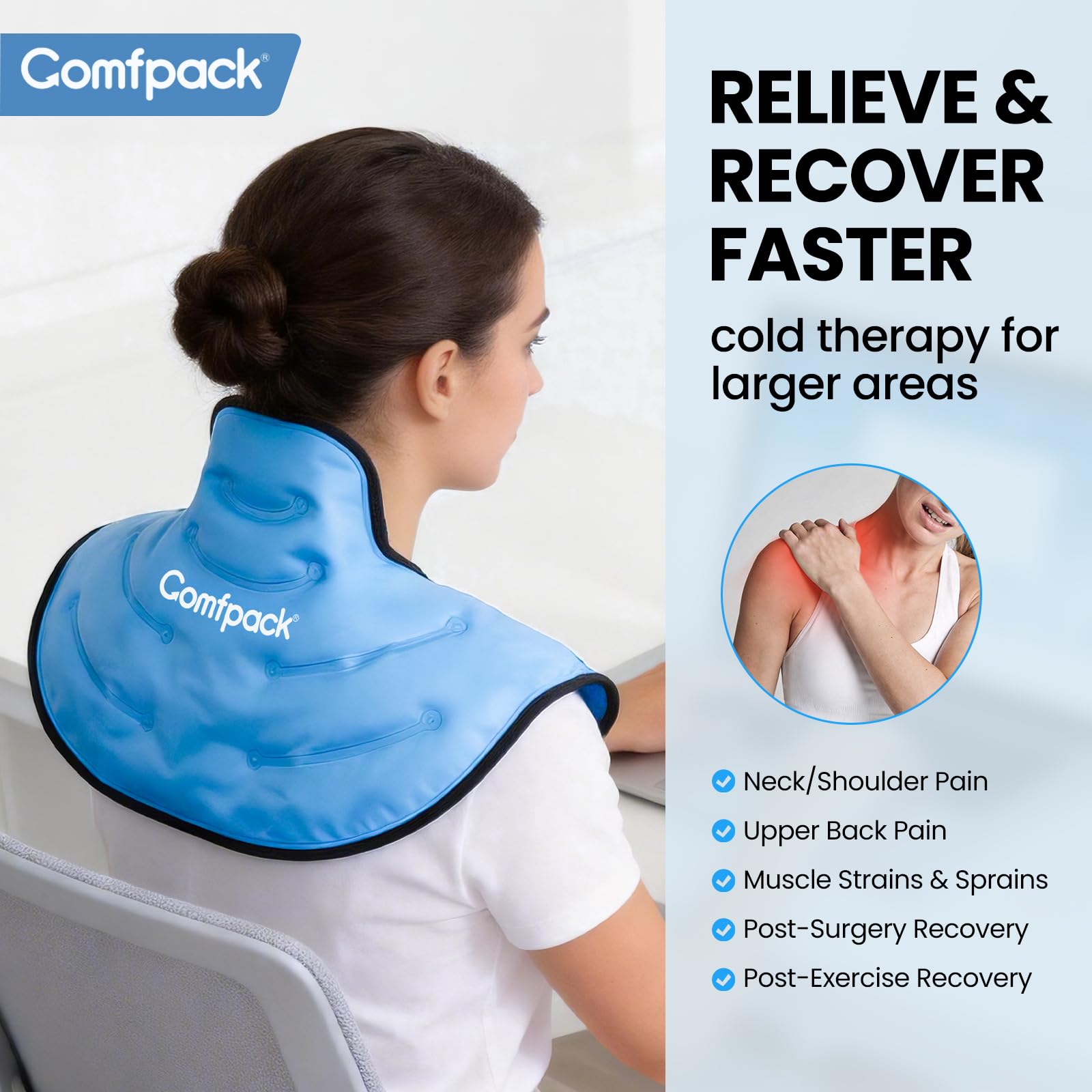 Comfpack Bolsa de hielo para alivio del dolor de cuello y hombros, bolsa de hielo de gel reutilizable para terapia de compresión fría y caliente, bolsa de hielo para lesiones, hinchazón, cirugía