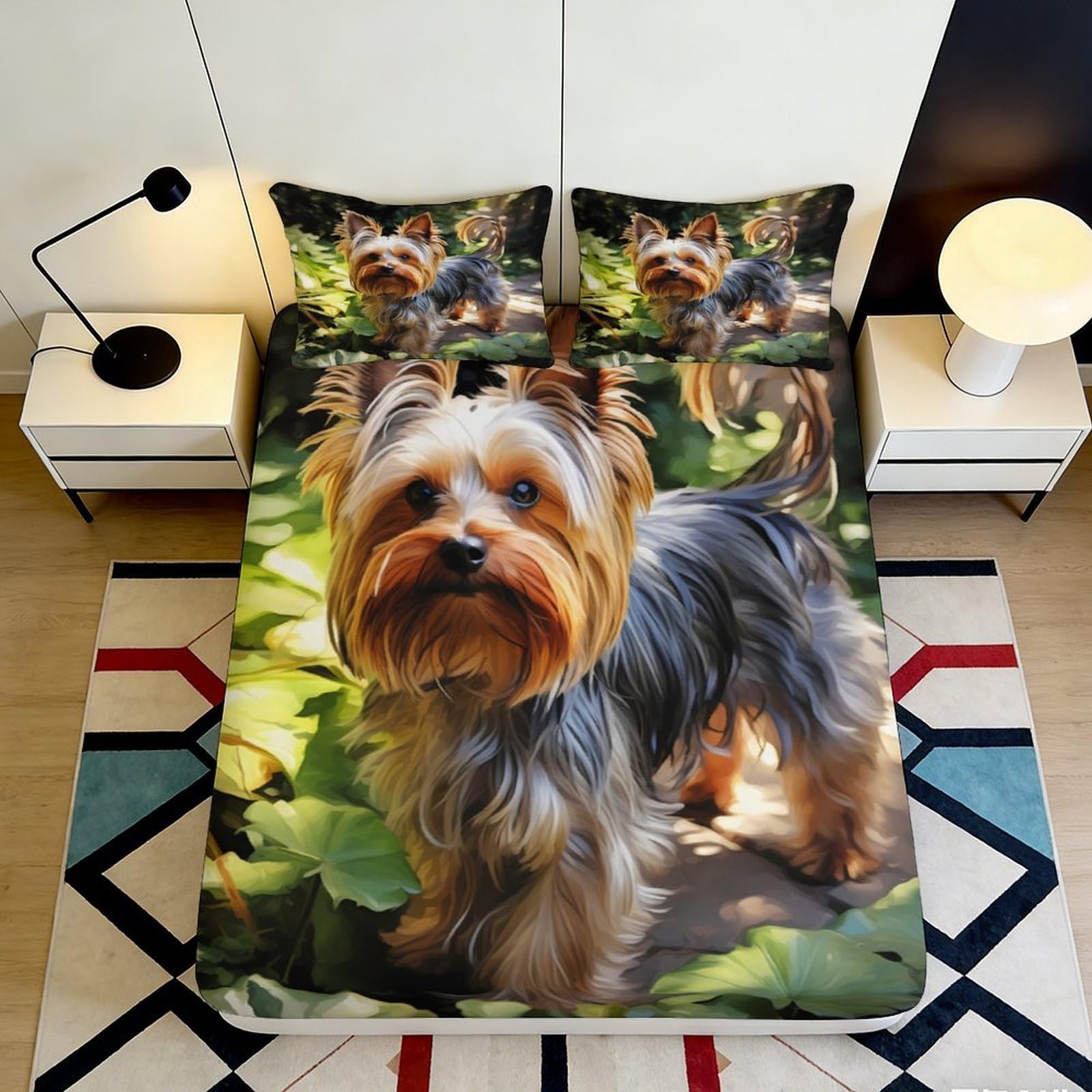 3D Printed Yorkshire Terrier Garden Fitted Sheet Microfiber Anti-Slip Mattress Cover for Bedroom Guest Room Decor 120x200cm 140x200x25cm
