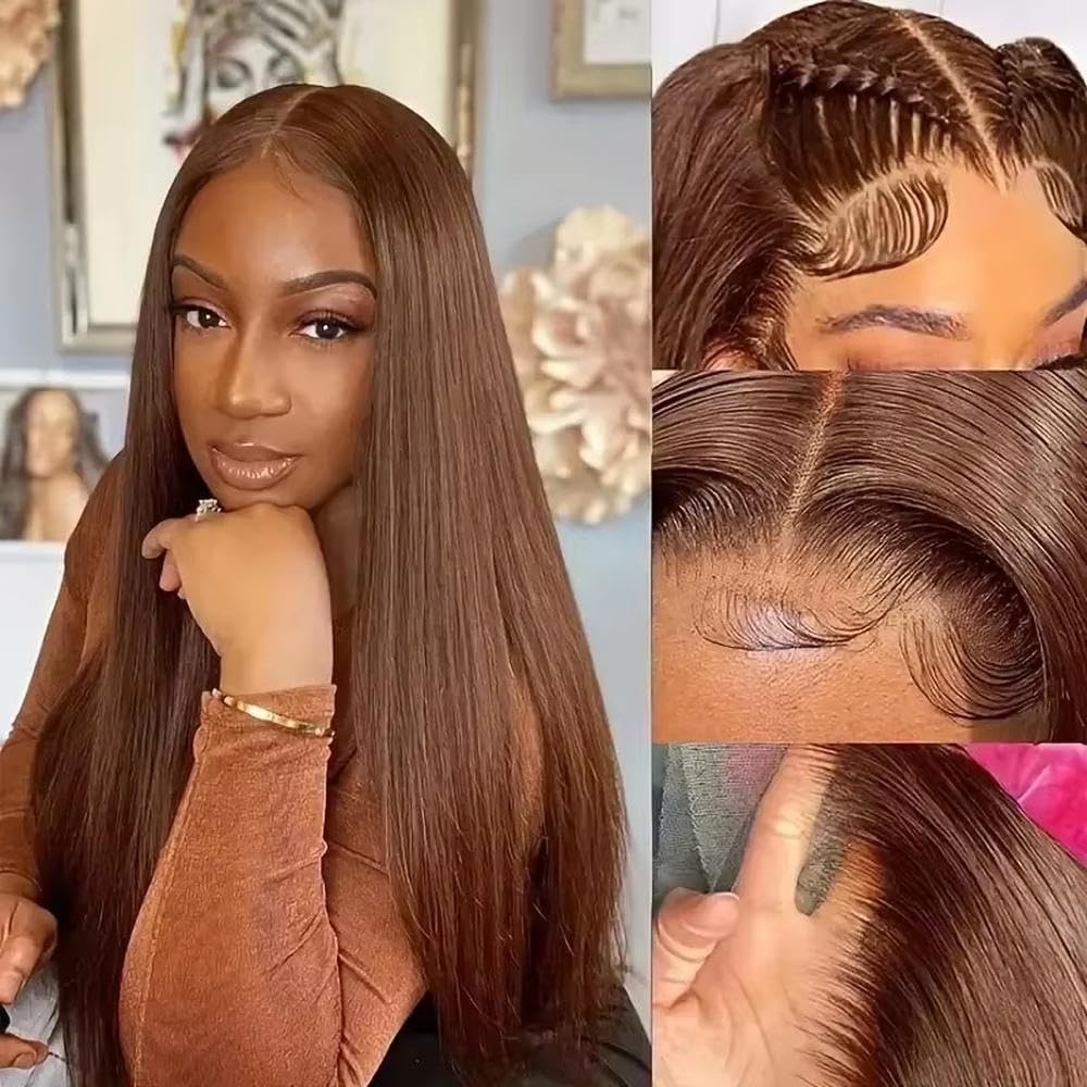 Haarpflege Schokoladenbraune Glatte Echthaarperücke HD Lace Frontal Perücken Für Frauen(13x4,16inches)