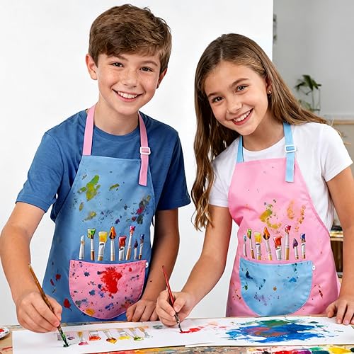Miniatura 2 de Delantal de artista para niños, paquete de 2 delantales ajustables impermeables para jardinería, lindos delantales de pintura artística para niños y