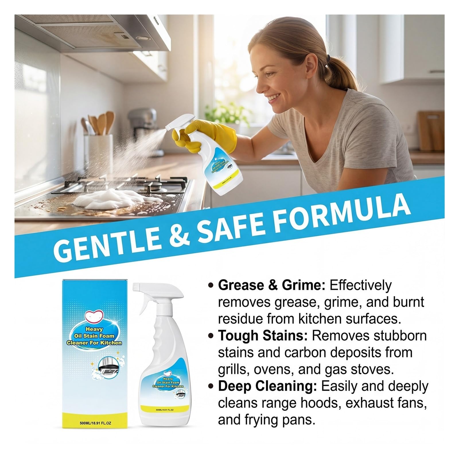 Limpiador de grasa cocina en espuma 500 ml | Deja las superficies frescas y limpias.(1pcs)