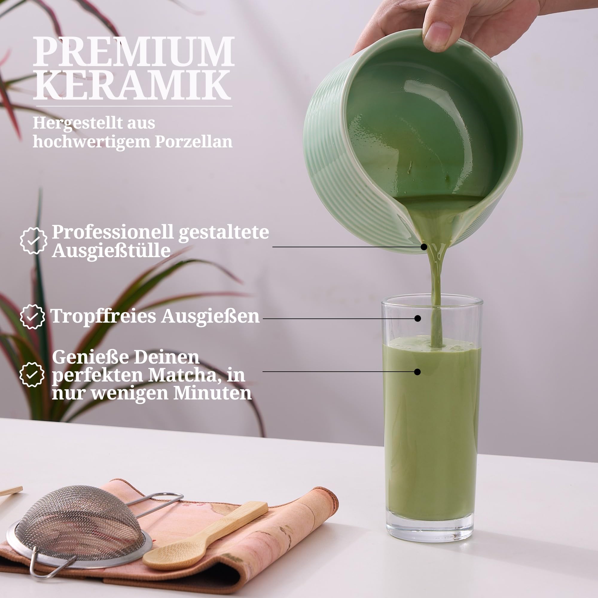 Zestaw matcha – miętowa zieleń – 8-częściowy zestaw do herbaty matcha – miotła, miska, łyżka, miarka, sitko, uchwyt i akcesoria – zestaw premium matcha dla miłośników matchy