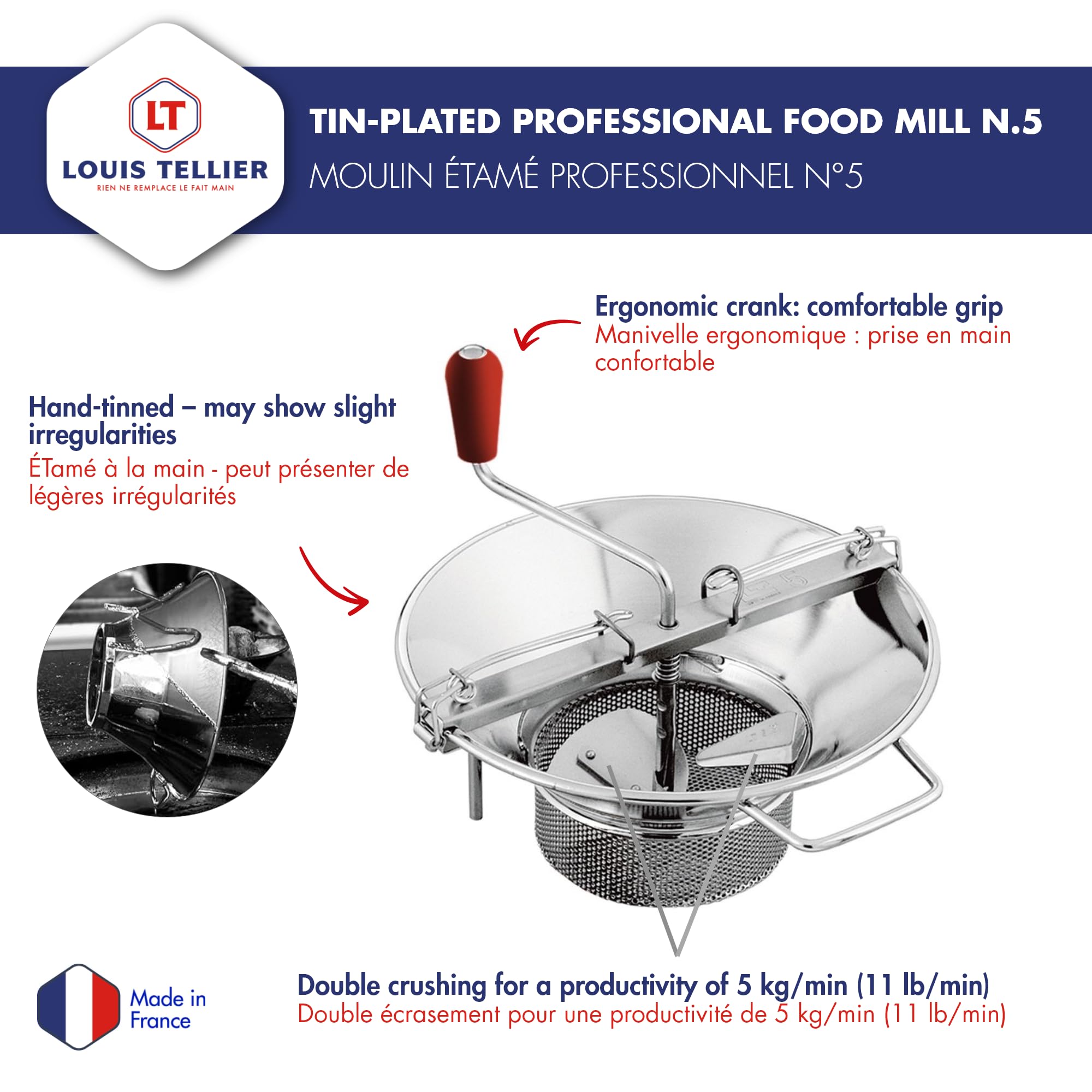 Moulin étamé professionnel n°5 avec grille 3 mm