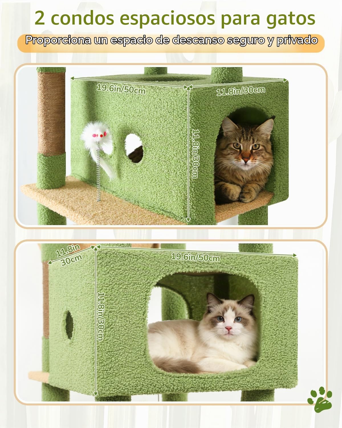 Globlazer Árbol Rascador Cactus Verde para Gatos XXL 204 cm Alto con 2 Grande Nidos 50*30*30CM, 2 Acolchada Plataforma, Hamaca, Cesta, Juguetes, Estable Rascador para 3-5 Gatos Adultos (S80B, Verde)