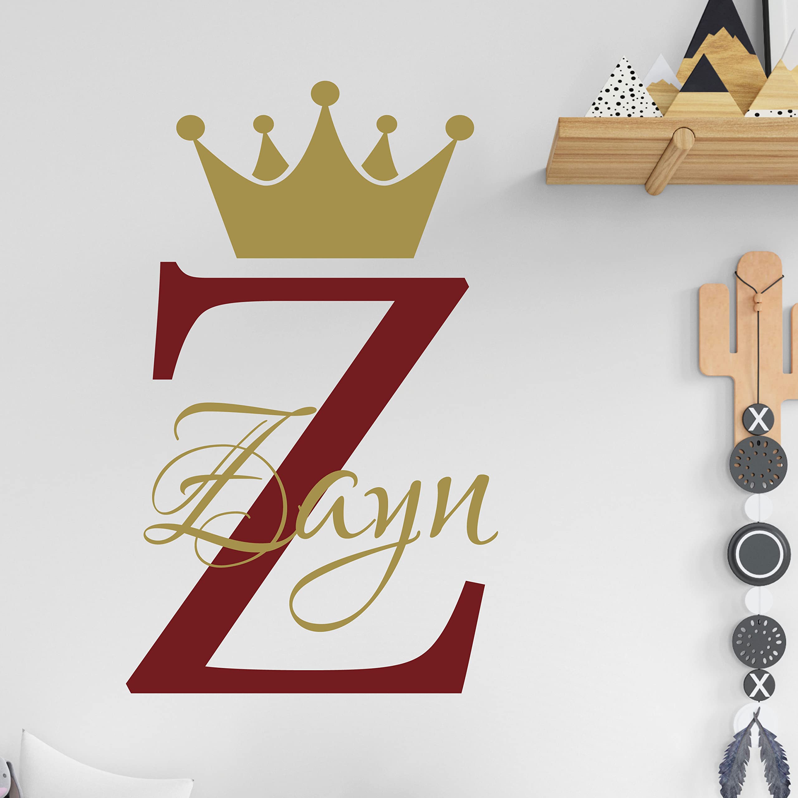 Personalised Name Baby Prince Princess Decal Wall Sticker - Initial Letter Crown [Medium] [Burgundy]