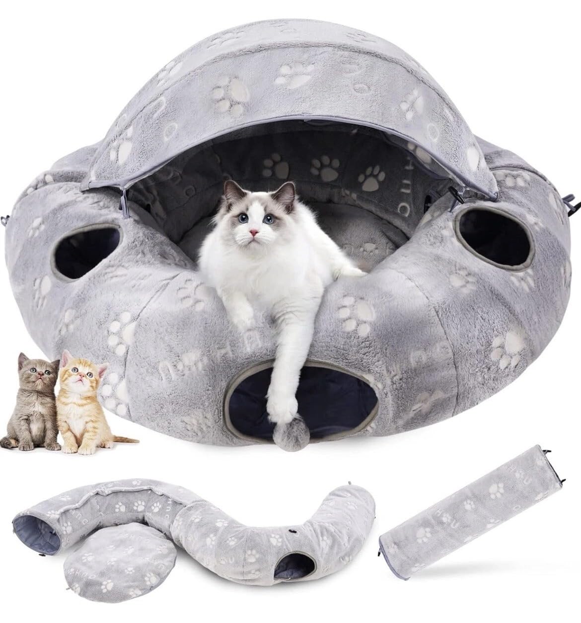 Katzentunnelbett, Katzentunnel für Indoor-Katzen, Katzen-Donut-Tunnel-Spielzeug mit waschbarem Kreiskissen, gerader geformter Tunnel, 4 Flauschige Bälle,selbstleuchtend.
