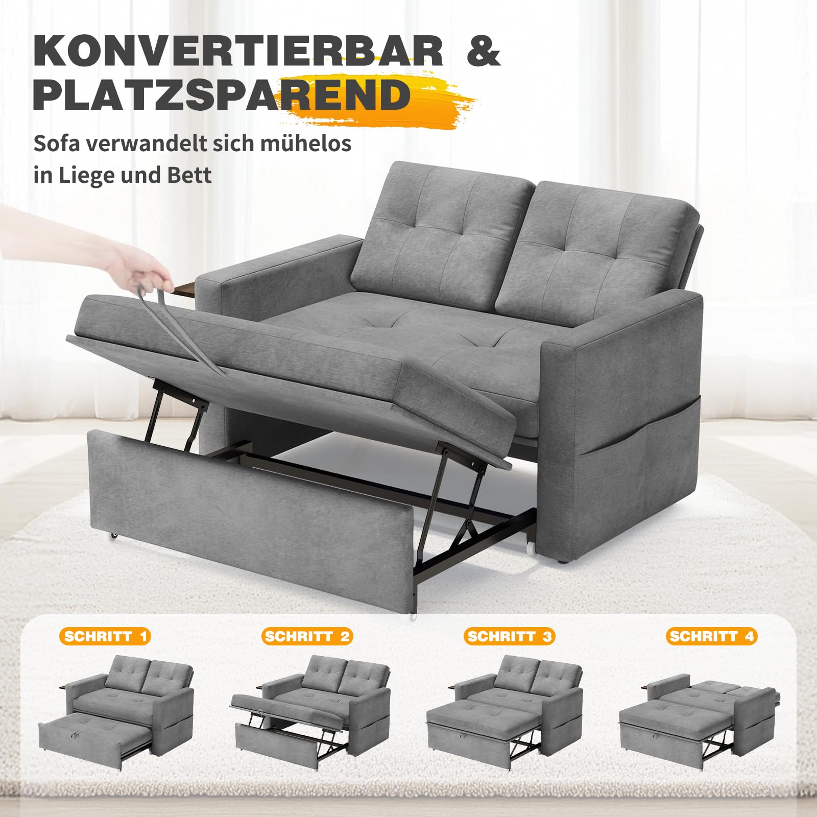 YOUDENOVA Sofa mit Schlaffunktion, Schlafsofa mit 5-stufig Verstellbarer Rückenlehne, Schlafcouch mit Bettfunktion, Couch mit Tisch & Seitentasche, 2 Sitzer Sofa Bed 177x135 cm, Chenille Grau