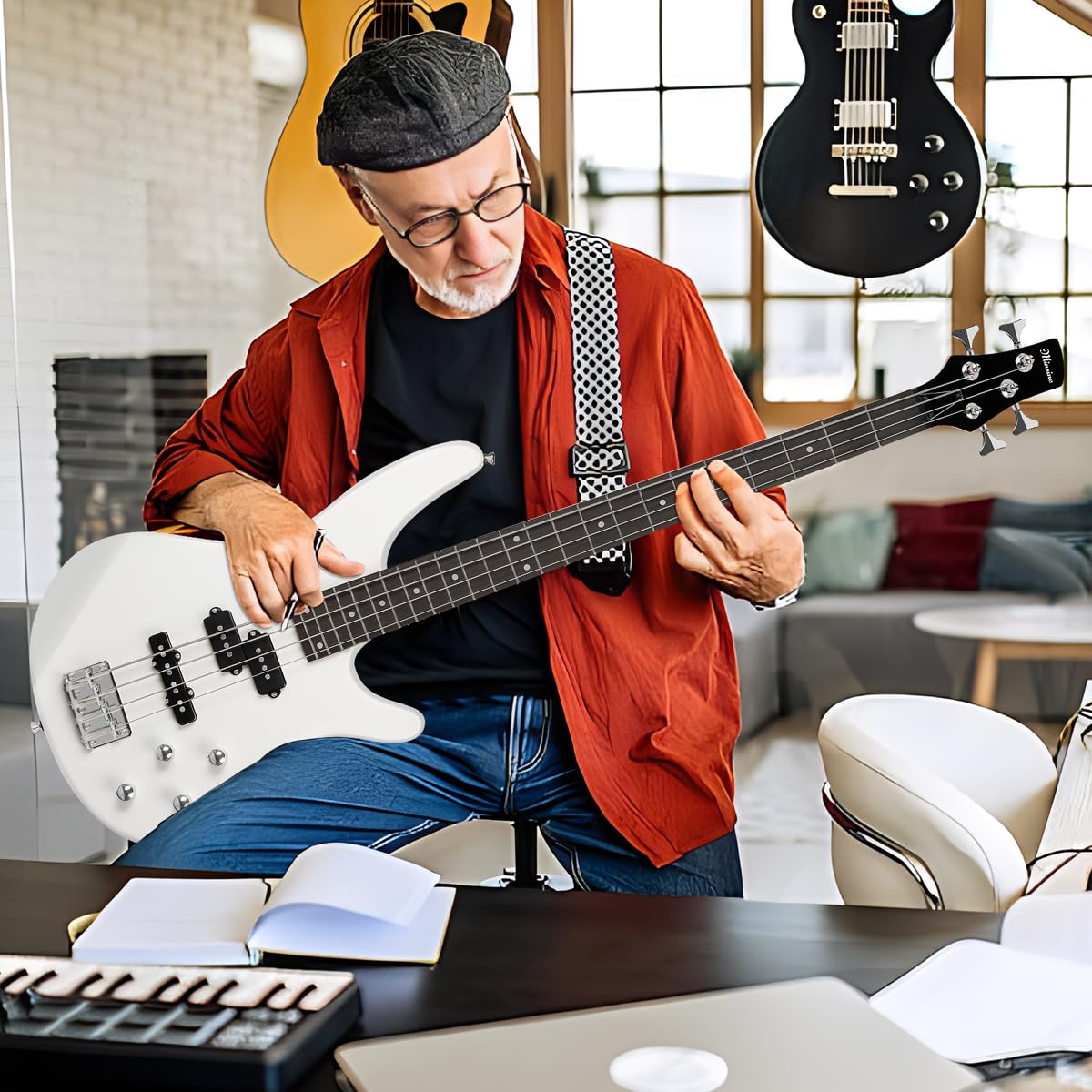 Elektryczna gitara basowa, 4 struny, pełny rozmiar, P bas, zestaw dla początkujących, czarny, z torbą na koncert, paskiem do gitary i kablem gitarowym (biała)