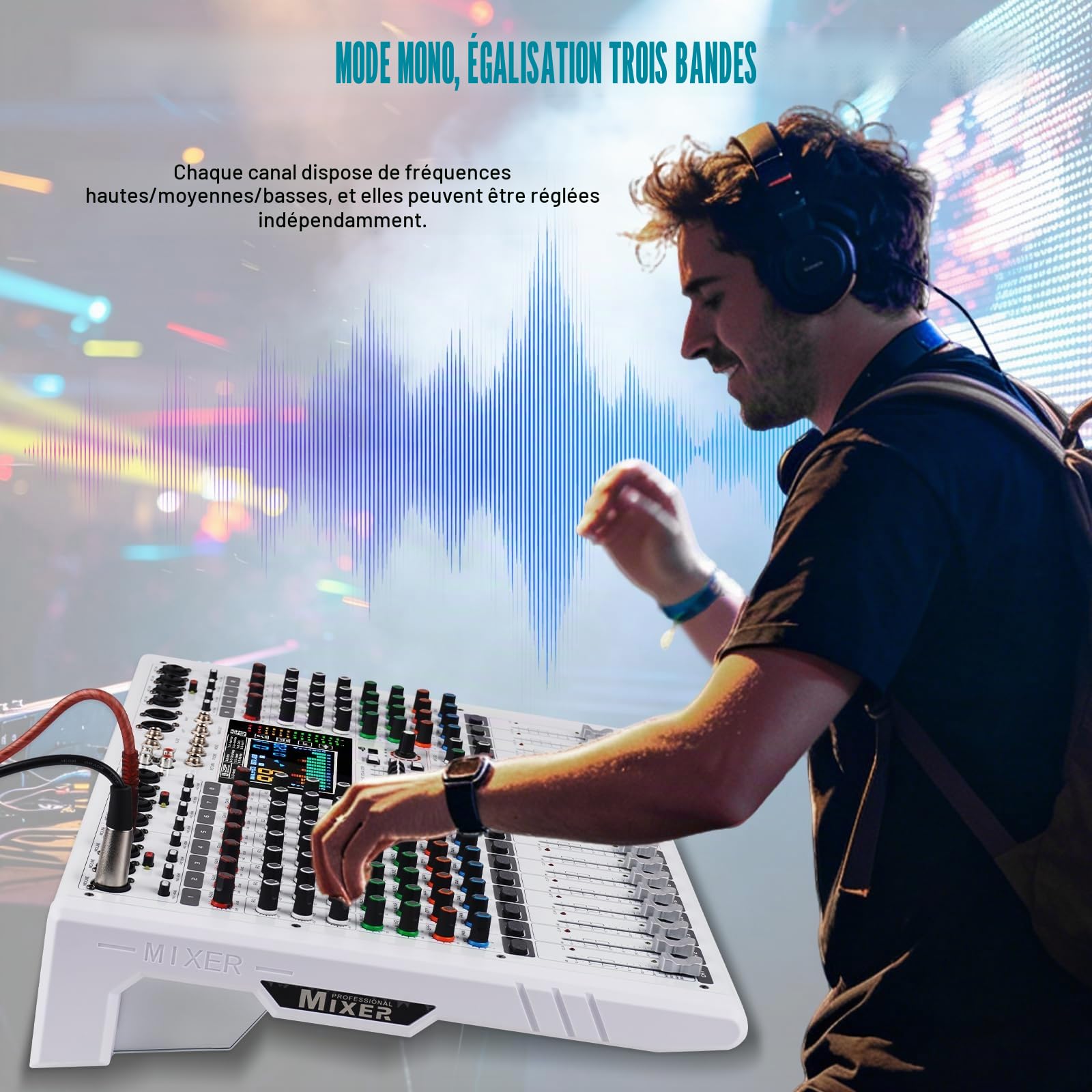 GF12 Console de mixage multifonctionnelle à 12 canaux avec grand écran LCD couleur pour performance sur scène, isolation, mute indépendant, égaliseur à 7 niveaux et 99 effets de réverbération
