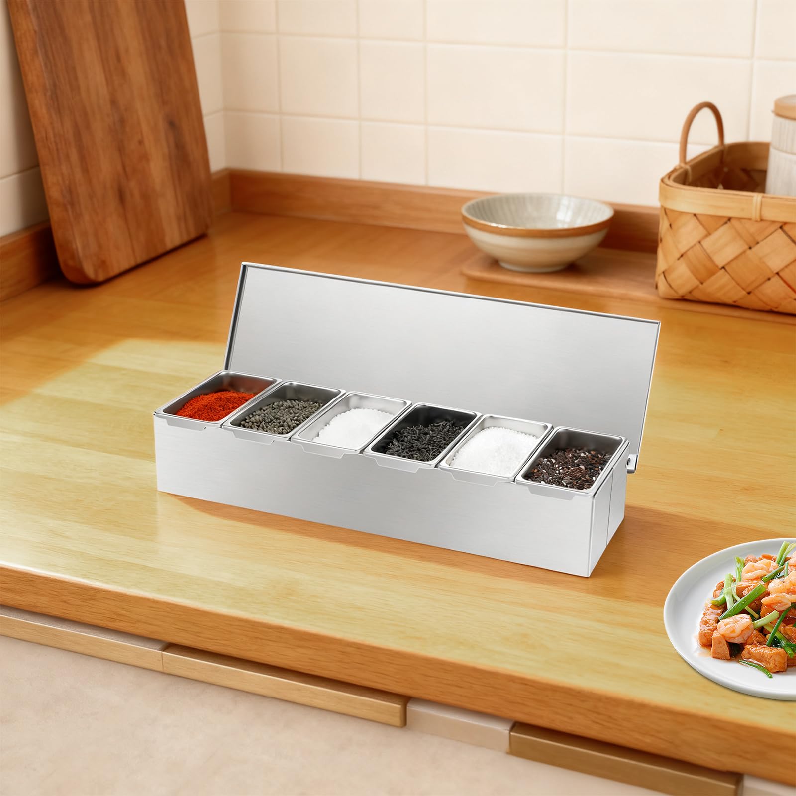 Dispensador de especias apilable de acero inoxidable con 6 compartimentos | 46 × 15 cm, caja de almacenamiento de acero inoxidable para alimentos, para cocina y buffet