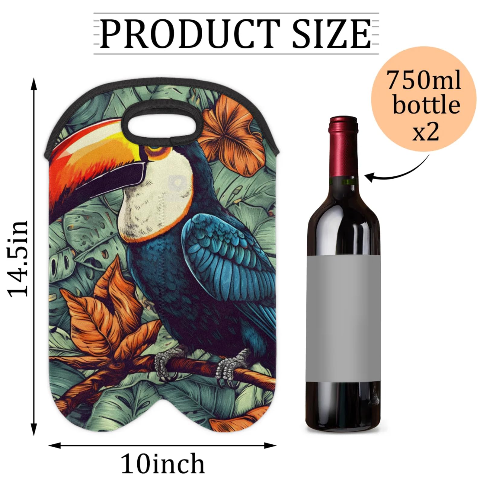 GzLeyigou 2 Bottles Toucan Wine Bag Sleeve Totes Bird Neoprene Protective Wine Carrier Bag for Wine,Water, Champagne, Beer, Baby Bottles,Gift 14.5 x 10 Inches