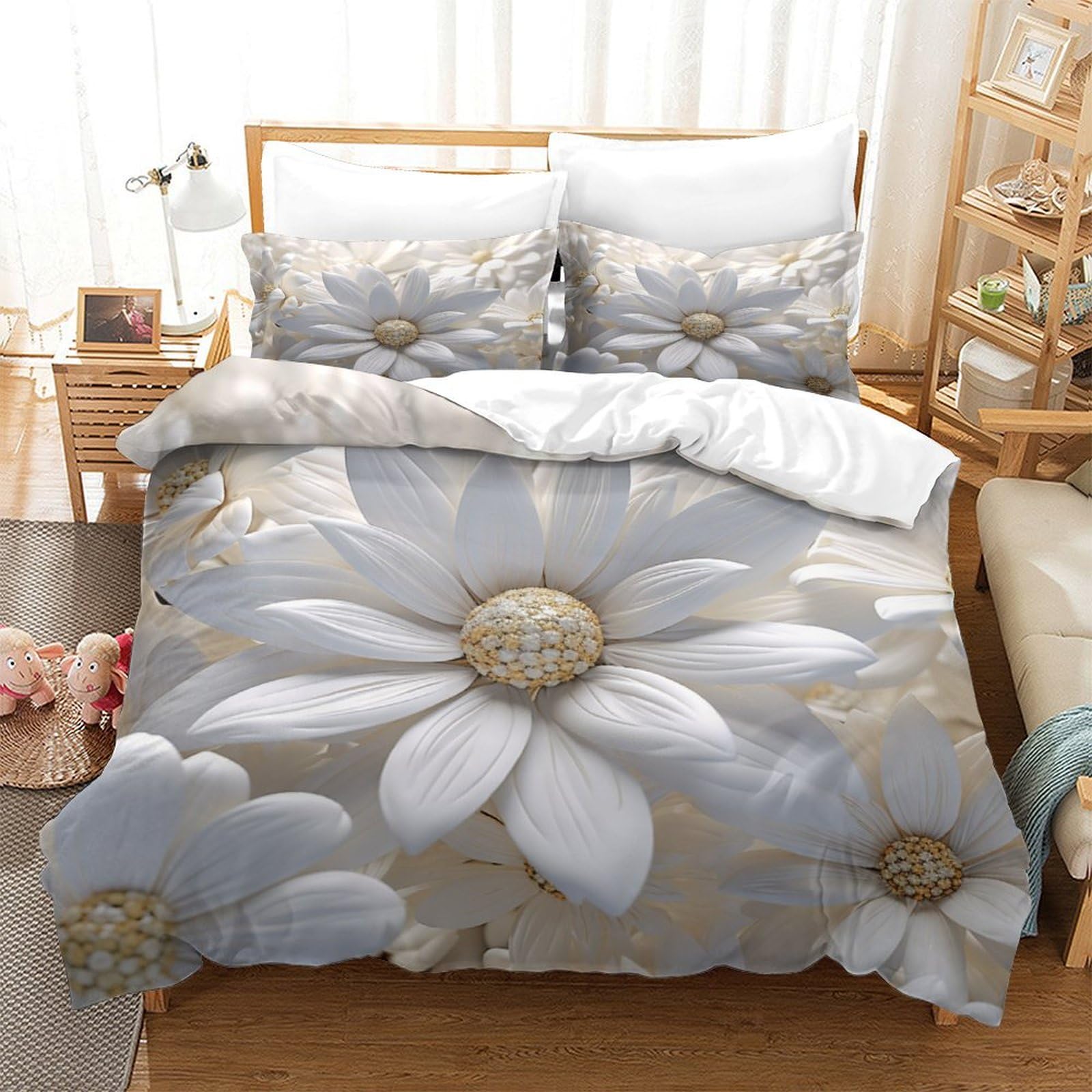 Housse de couette super king size motif marguerites avec ses deux taies d'oreiller