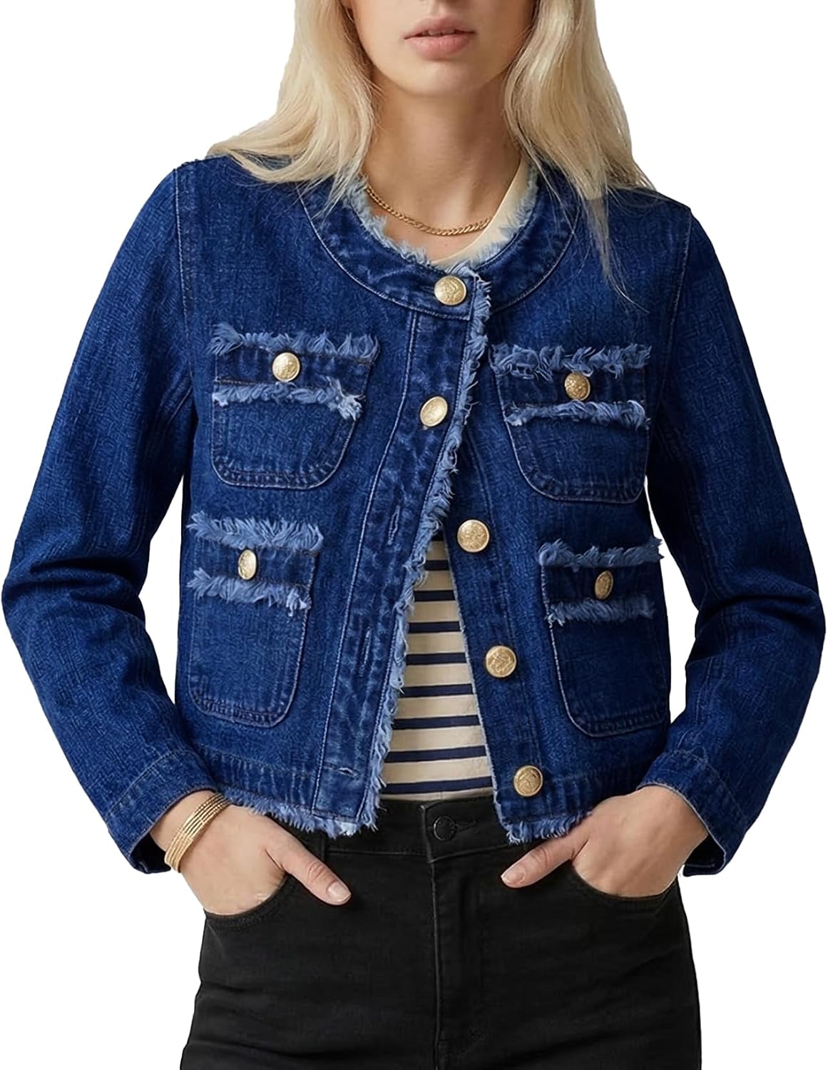 Ladyful Women's Denim Jacket Cropped Button Down Long Sleeve Collarless Frayed Distressed Trendy Jean Jacket Coat