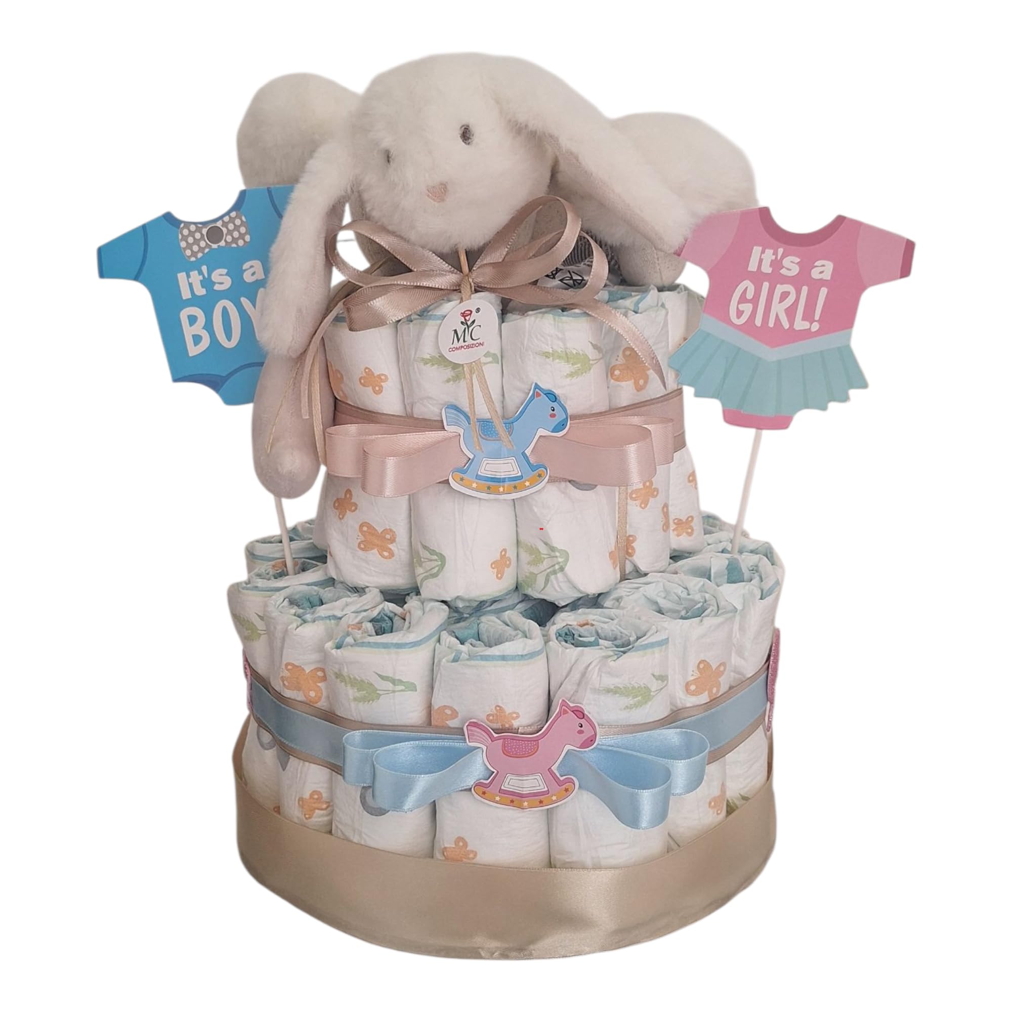 MC® Torta di Pannolini MC Composizioni Design Unisex a tema 'Boy/Girl', Regalo per Baby Shower Nascita