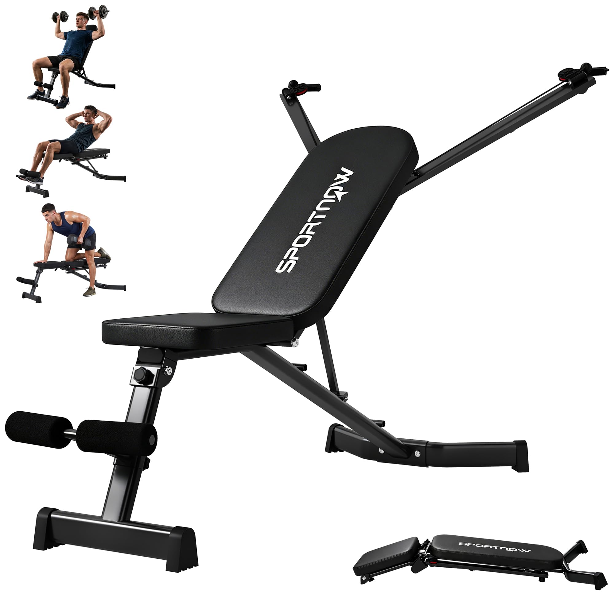 SPORTNOW Panca Pesi con Schienale Regolabile a 3 Posizioni Nero | Panca Palestra Pieghevole, Inclinata/Declinata/Piana, con Bande di Resistenza, per Allenamento Total Body