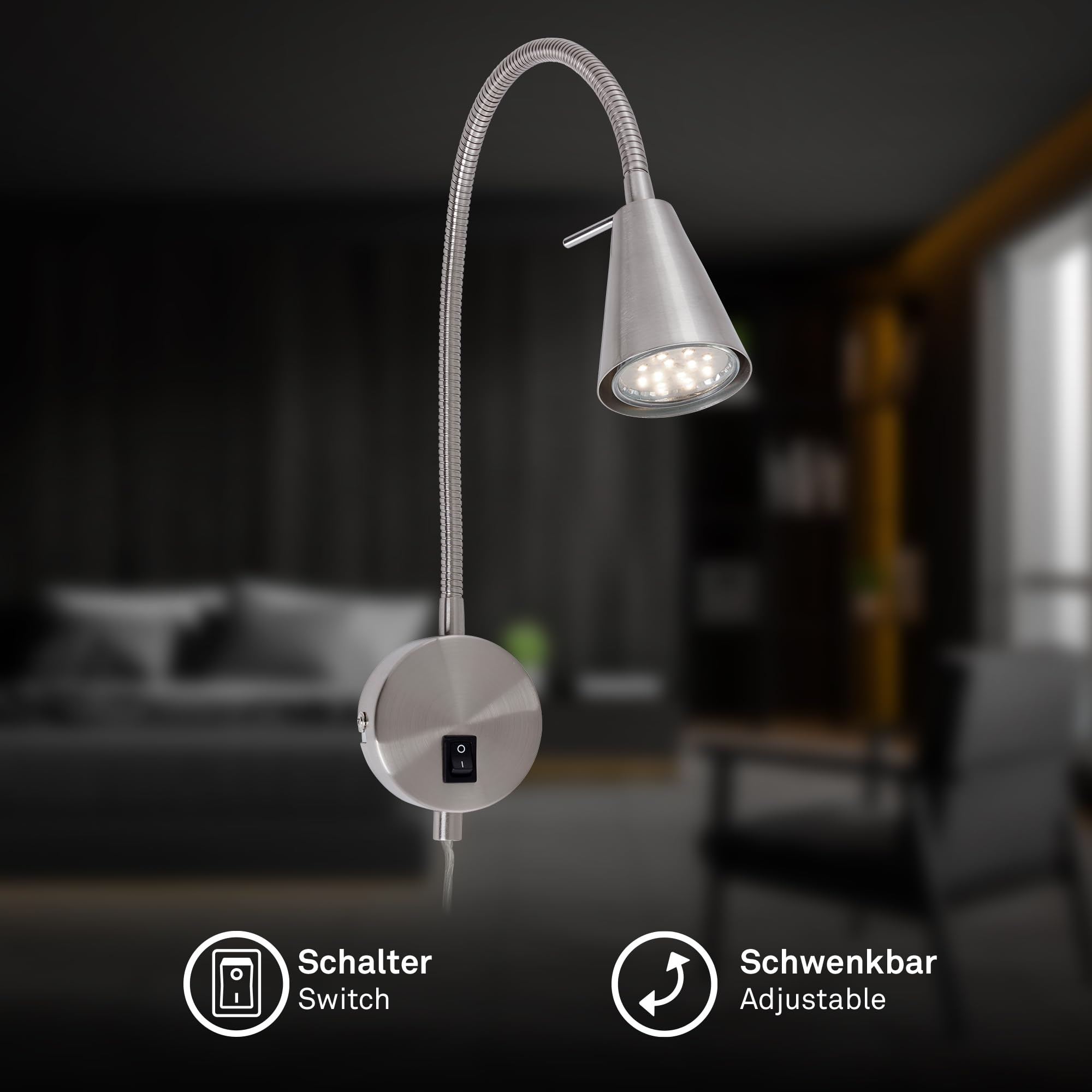 Briloner Leuchten - Lampada da letto a LED,braccio flessibile, incluso interruttore on/off, 4 watt,400 lumen,3.000 Kelvin, metallo,4 W, nichel opaco,450x205 mm (HxA), base: 80 mm (D), testa: 58 mm (D)
