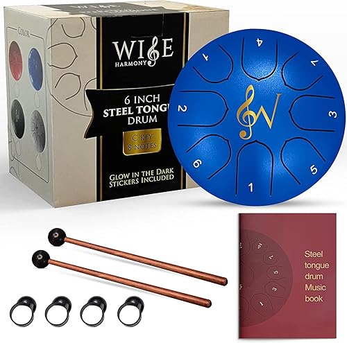 Tambor de lengua de acero, tambor de acero de 6 pulgadas con 8 notas con bolsa, baquetas de libro de música, brilla en la oscuridad, educación