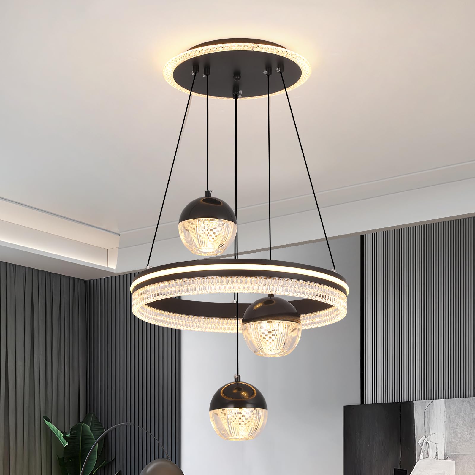 YT YATAI LIGHTING3 Heads Pendant Light Dining Room Table, Modern Black LED Three Round Shape Pendant Light for Kitchen Island Table, Adjustable Color Temperature and Height Chandelier