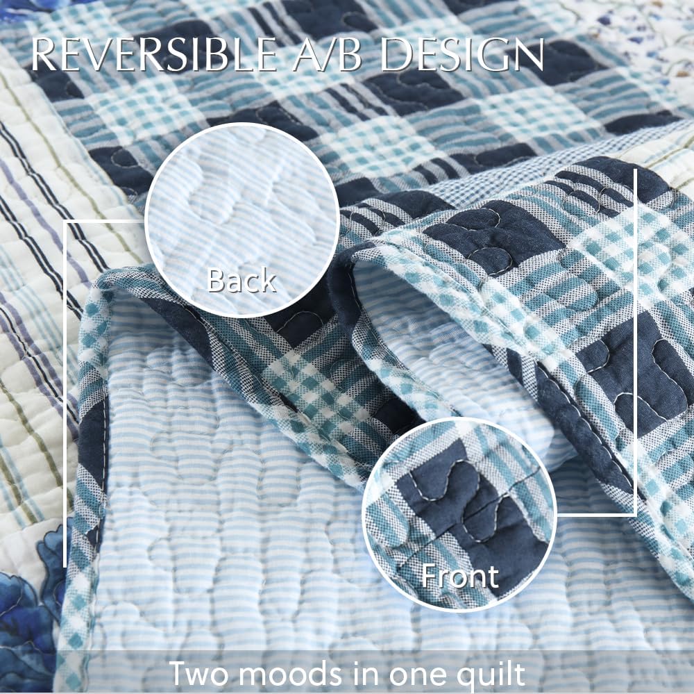 Cotton Bedspread Quilt Bedding Sets 3 Pieces Reversible Coverlet Sets Comforters Rustic Floral Patchwork Blue White Bedspread, Queen Size - Image 5