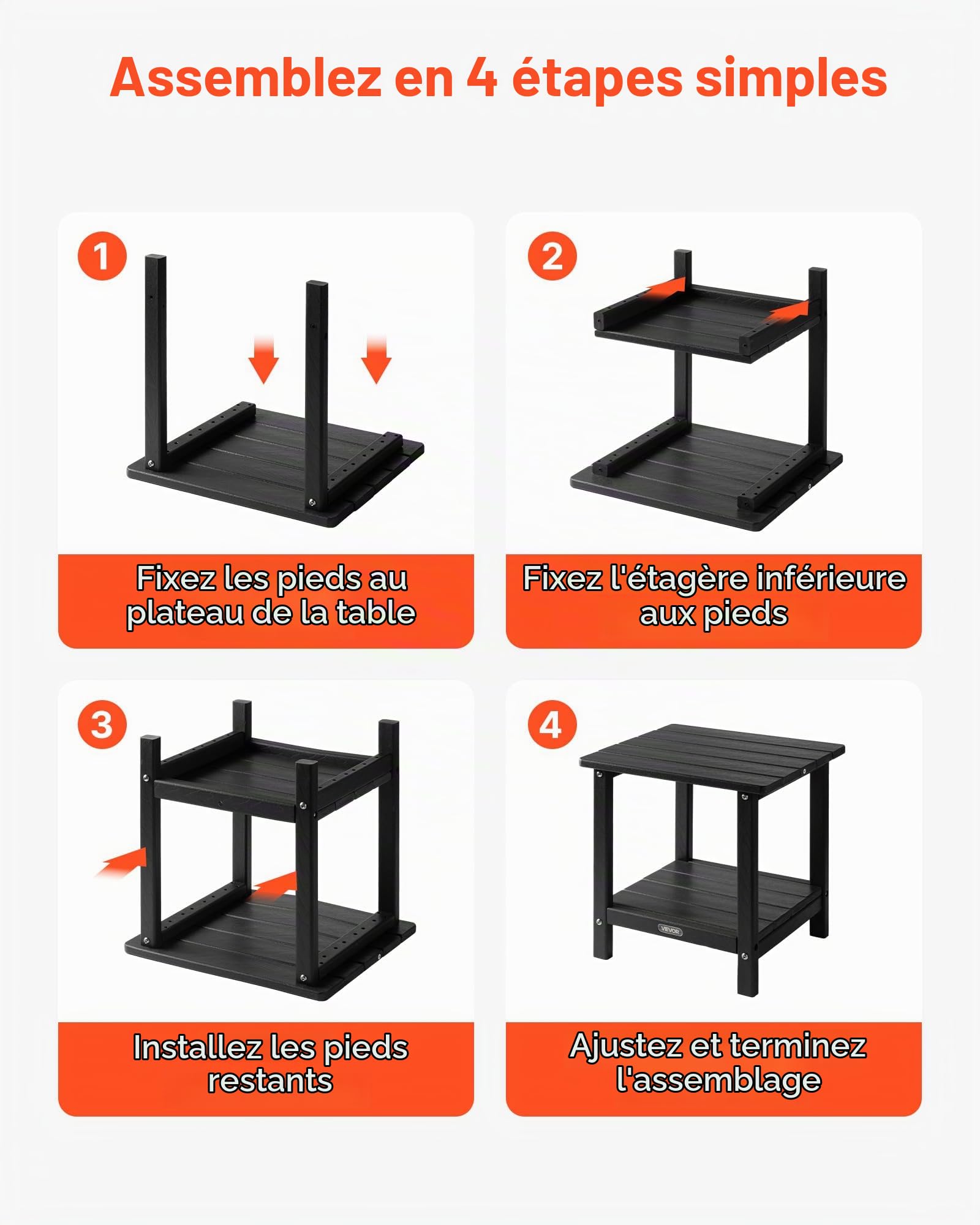 VEVOR Table d'Appoint Extérieur Jardin, 2 Niveaux, 45 x 38 x 44 cm, en PEHD, Entretien Facile, Résiste aux Intempéries, pour Terrasse, Bord de Piscine, Plage, Porche, Patio, Balcon, Intérieur, Noir