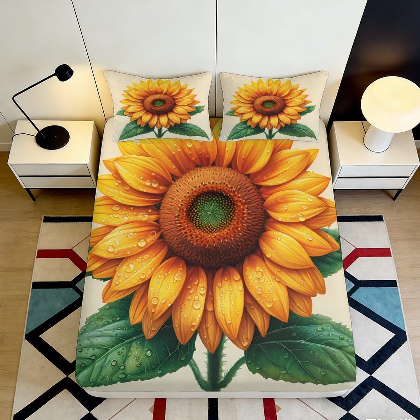 Jqzkxnhpbr Style-6 3D Printed Sunflower Blossom Fitted Sheet Microfiber Soft Yellow Floral Mattress Cover Bedroom Dorm Decor 90X200x25cm