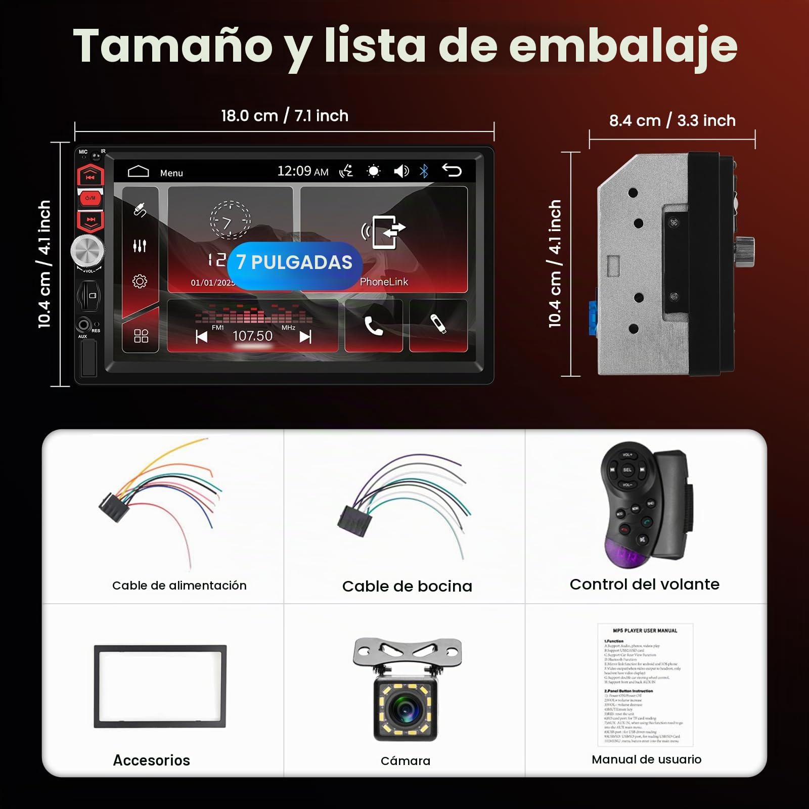 Hodozzy Radio para Coche con Pantalla Táctil Bluetooth 7 Pulgadas 2 DIN, con Mirror Link/Radio FM/EQ USB/TF/AUX SWC, Universal Radio Coche MP5 Reproductor Multimedia Autoradio con Cámara Marcha