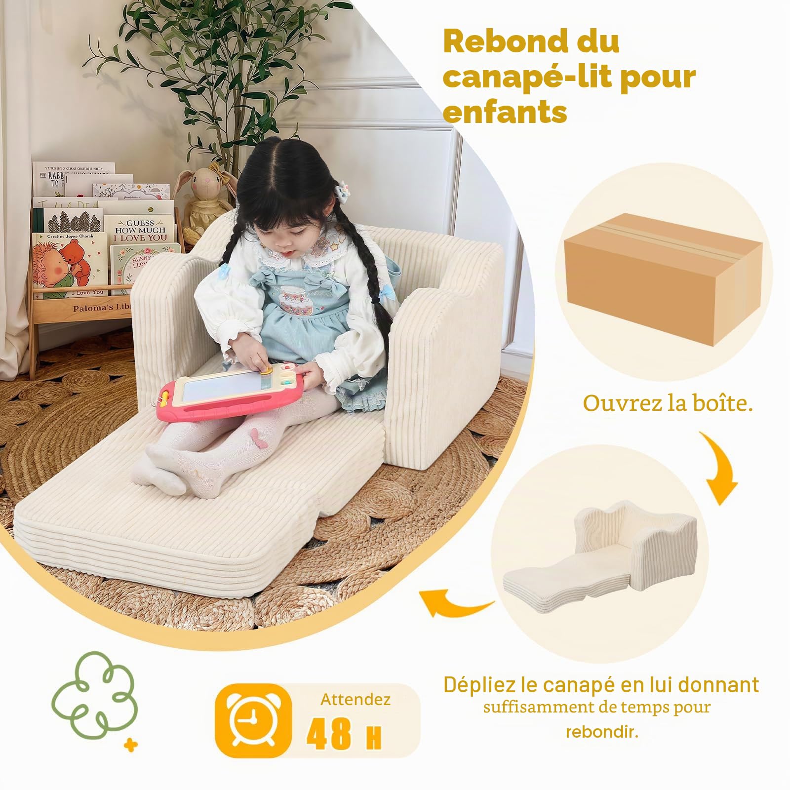 MeMoreCool Canapé enfant en velours côtelé, fauteuil pliant pour tout-petit, canapé-lit pliant pour enfant pour la salle de jeux, confortable canapé-lit convertible pour bébé pour filles et garçons