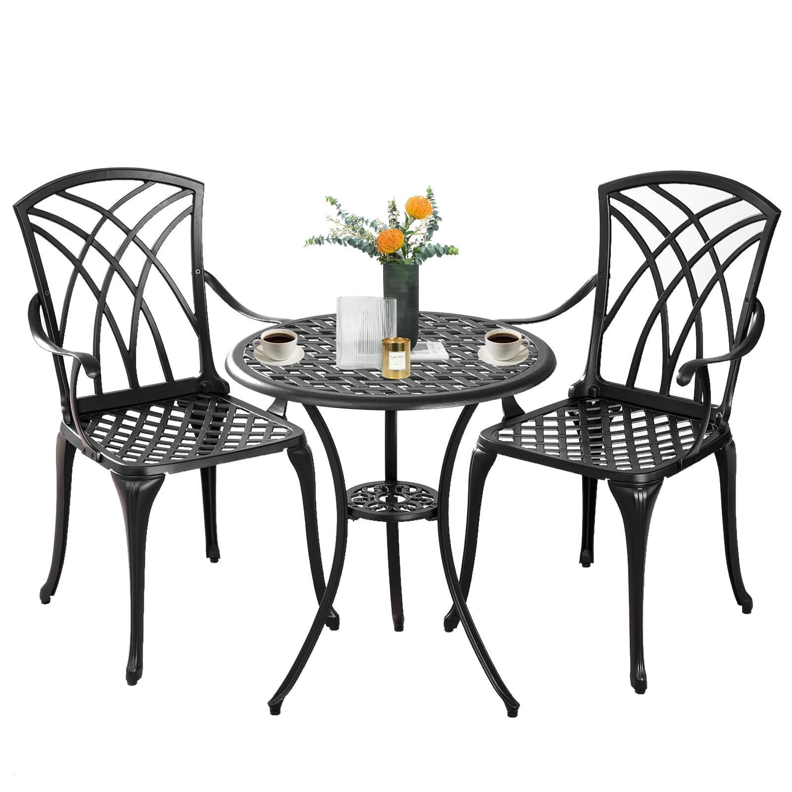 Bistro Set 3 Piece Outdoor,Cast Aluminum Outdoor Bistro Set,All Weather Bistro Table and Chairs Set of 2 with 1.97" Umbrella Hole,Patio Bistro Sets for Garden(Woven Black)