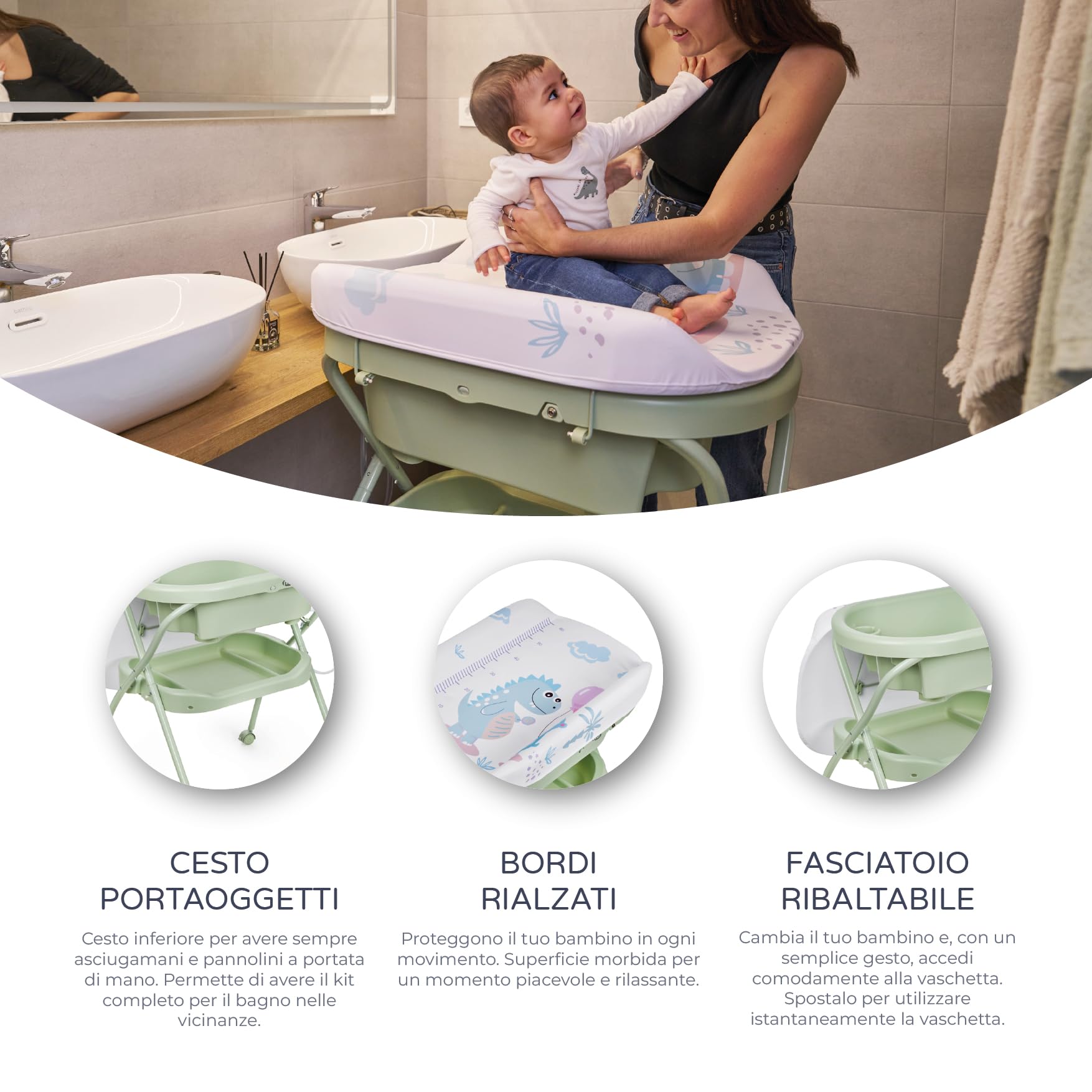 MS BabyWorld – BUBBLE + CUSCINO RIDUTTORE – Vaschetta Bagnetto Ergonomica con Supporto | Fasciatoio Impermeabile Imbottito | Chiusura Compatta | Organizzatore | 4 Ruote con Freni