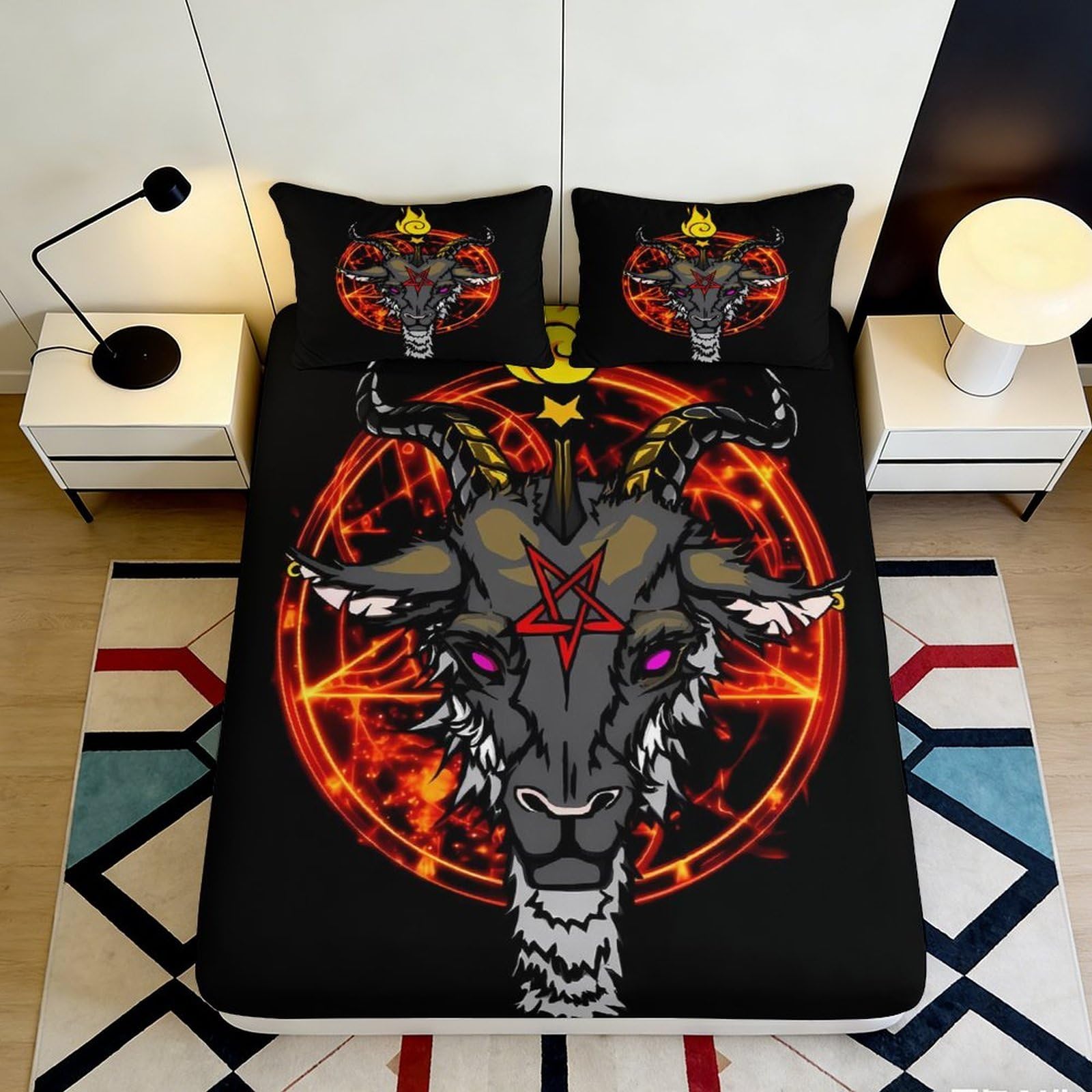 3D Printed Goat Skull Fitted Sheet Microfiber Gothic Pentagram Bed Cover Black Orange Bedroom Dorm Decor 90x200x25cm
