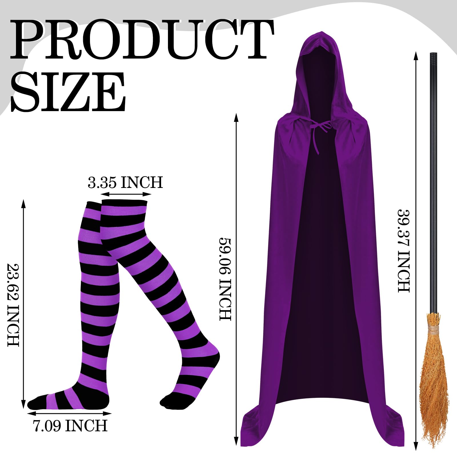 Newcotte 3 Pcs Halloween Witch Costume Accessories for Sisters Adults Cloak Stripe Socks Witch Broom for Cosplay(Purple)