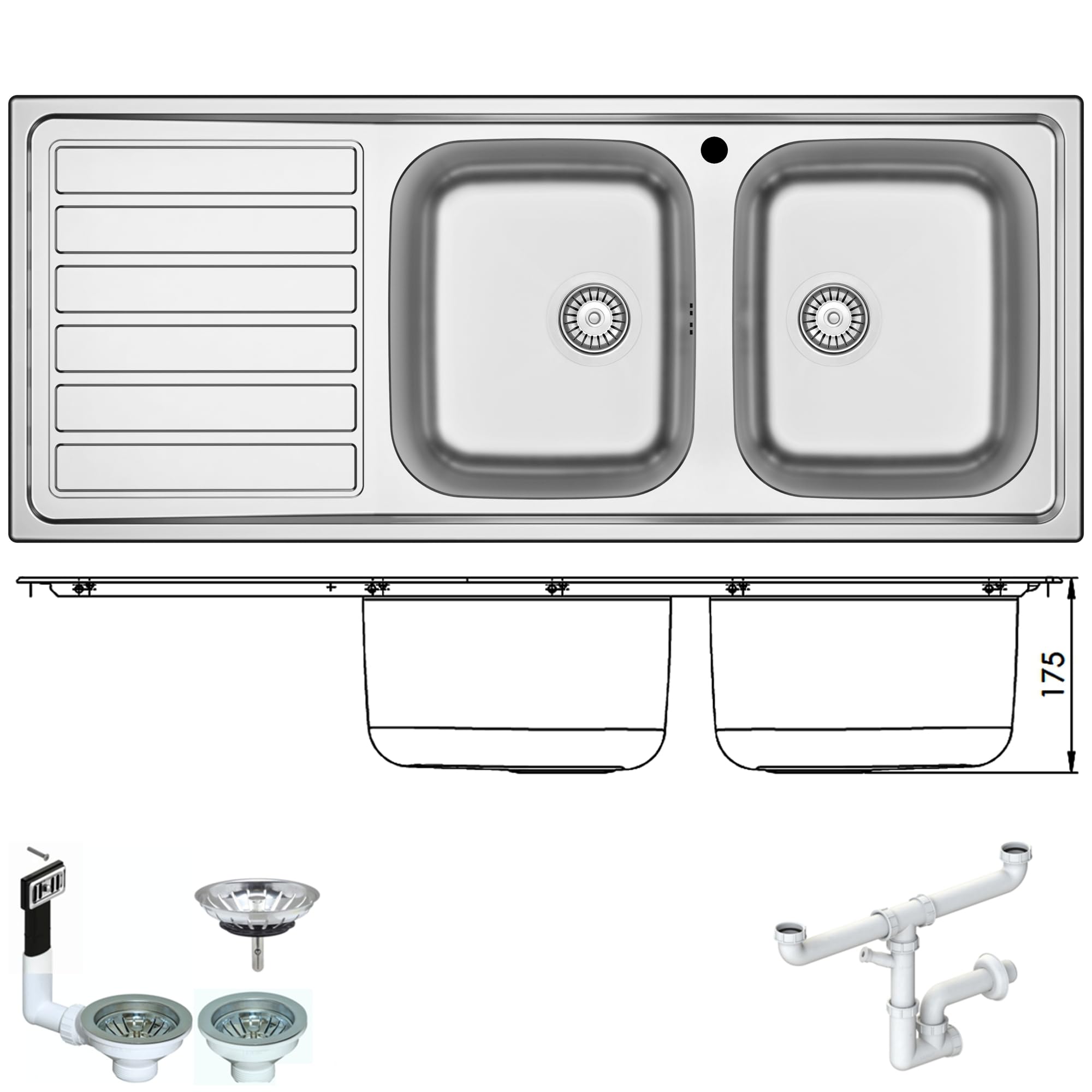 ID1162ILBC ● Lavello FHULLER Incasso Cucina IDEA 116Xx50 2 Vasche a Destra e Gocciolatoio Sinistra, Spessore Acciaio 7/10 Vasche Profonde H 18 Realizzato in Acciaio Inox Spazzolato Made in Italy