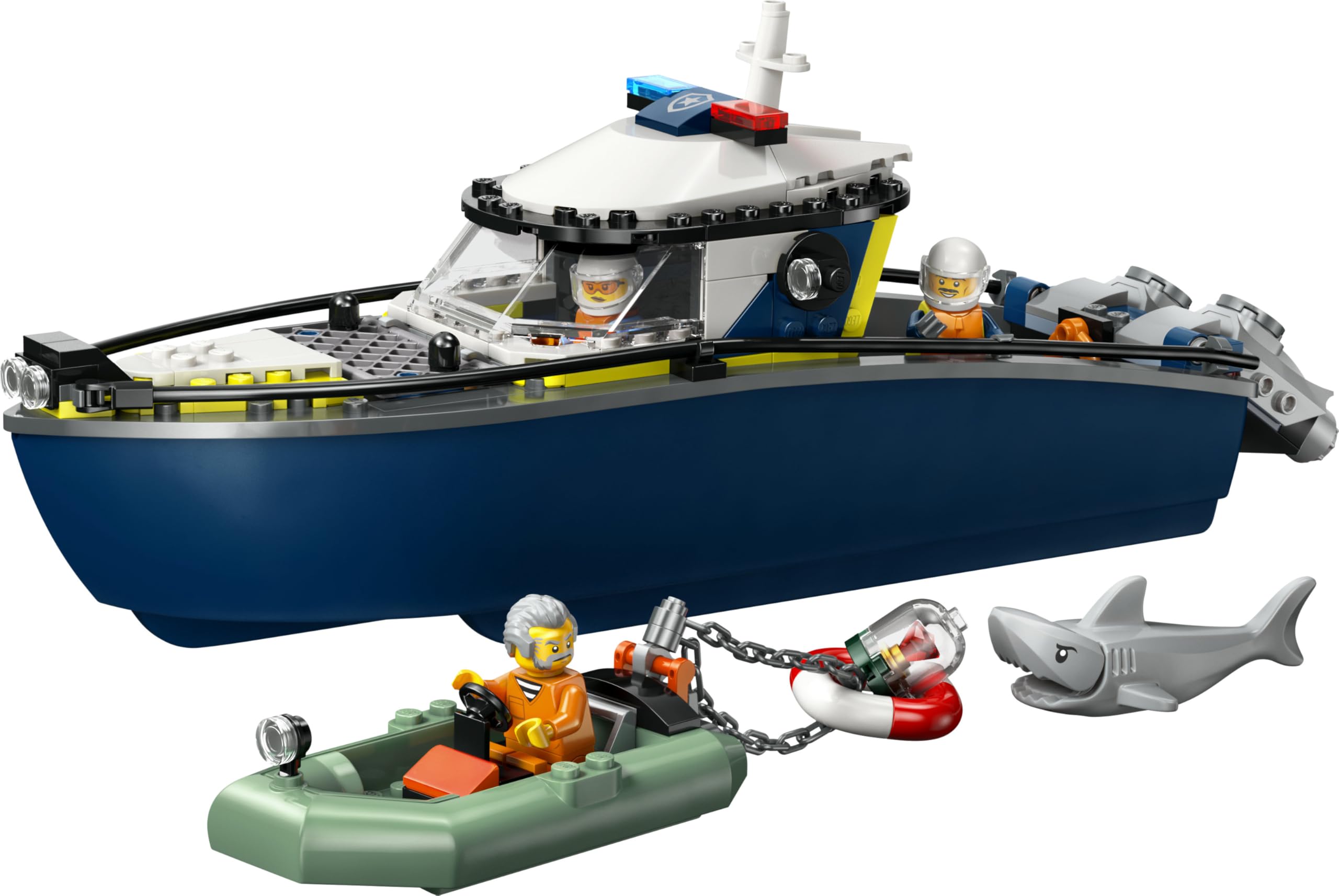 LEGO City Inseguimento del Motoscafo della Polizia – Include 2 Barche Giocattolo, 3 Minifigure e una Figura di Squalo – Regalo per Bambini e Bambine da 6 Anni in su – 60456