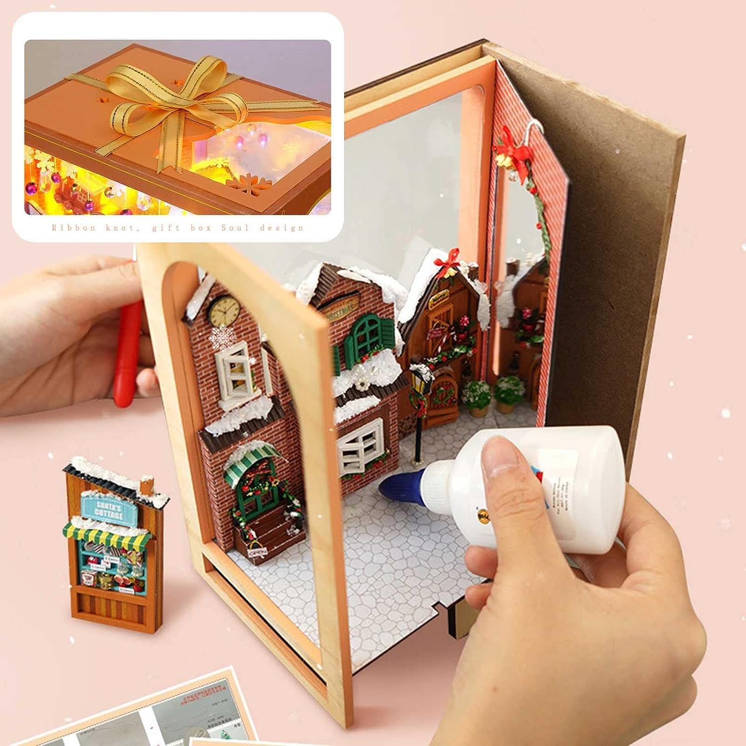 Model edukacyjny Zestaw do samodzielnego budowania książek, DIY Domek dla lalek Booknook, Świąteczna książka Zestaw do budowania modeli domów Wstaw dekoracje ze światłem LED, Stojak Półka na książki O