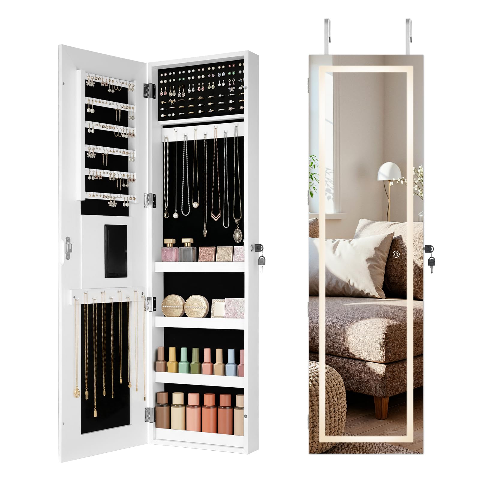 EDIMENS Mirror Jewelry Cabinets, Led Full Length Mirror, Door Hanging/Wall Mounted Jewelry Armoire, Large Storage, Bedroom Lockable Cosmetics Jewellery Organiser (White, Square- Exterior Full Light)