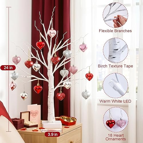 Miniatura 7 de Decoraciones para el día de San Valentín, árbol de abedul de 2 pies con 24 luces LED cálidas, juego de adornos de 18 corazones, decoración de árbol