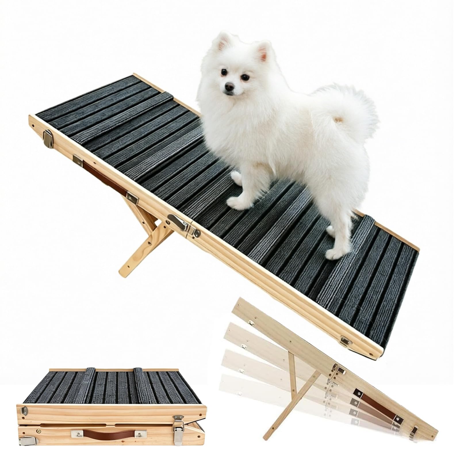 Hunderampe aus Holz, Hunderampe Auto Klappbar mit Nahtloser Verbindung zur Plattform, Klappbar Rampe für Kleine Hunde Katzen, Einstellbar Hunderampe für Sofa, Bett, Auto-bis zu 50kg (M)