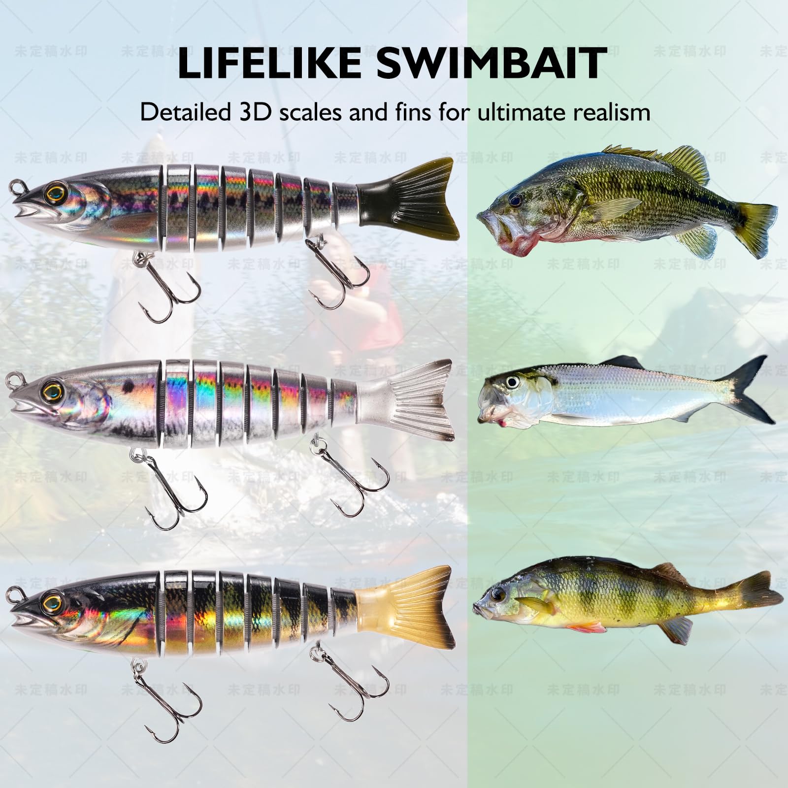 FONMANG SWIMPRO Swimbaits – Leurres de pêche au brochet du Nord – 16,5 cm – Appâts glissants pour la pêche au bar – 3 appâts multi-articulés – Leurres musqués avec finition bionique holographique 3D