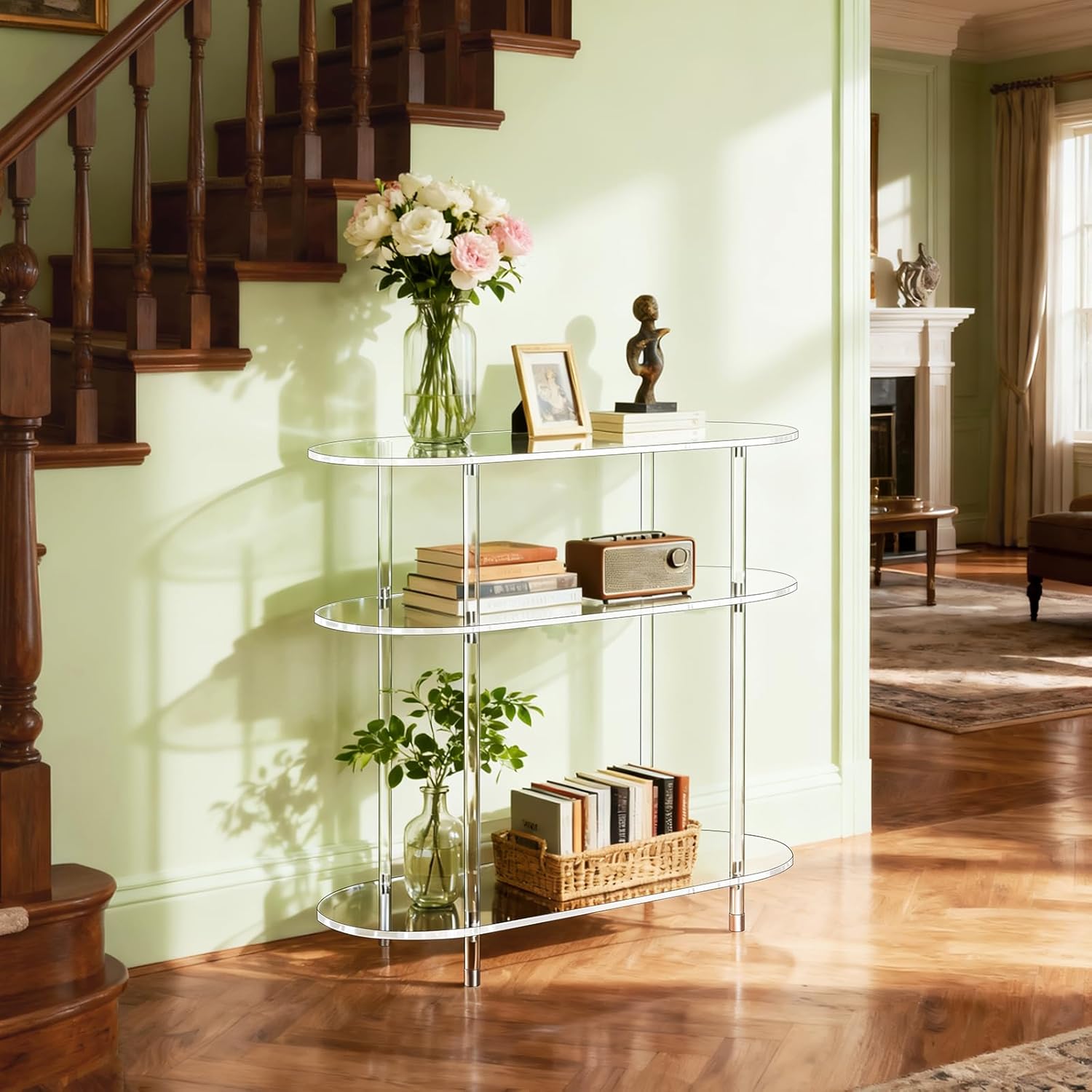 Clear Acrylic Console Table, 31.5" L x 11.8" W x 27.1" H, 3 Tier Oval Small Transparent Storage Shelf Side End Sofa Entry Entryway Table for Sofa, Foyer, Hallway, Living Room