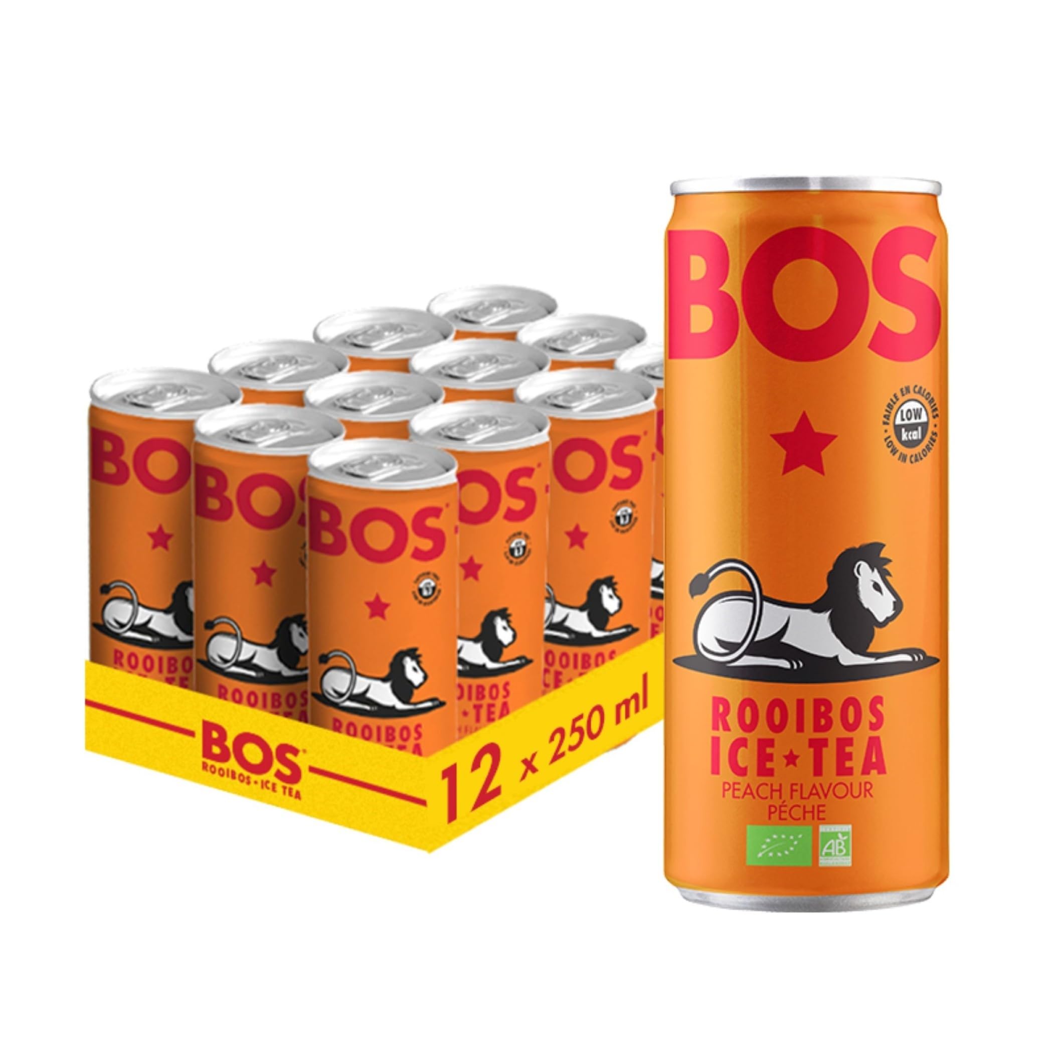 BOS Organic Peach Flavoured Caffeine Free Rooibos Ice Tea, Fruity & Smooth Tea Drink, 250 ml (Pack of 12)