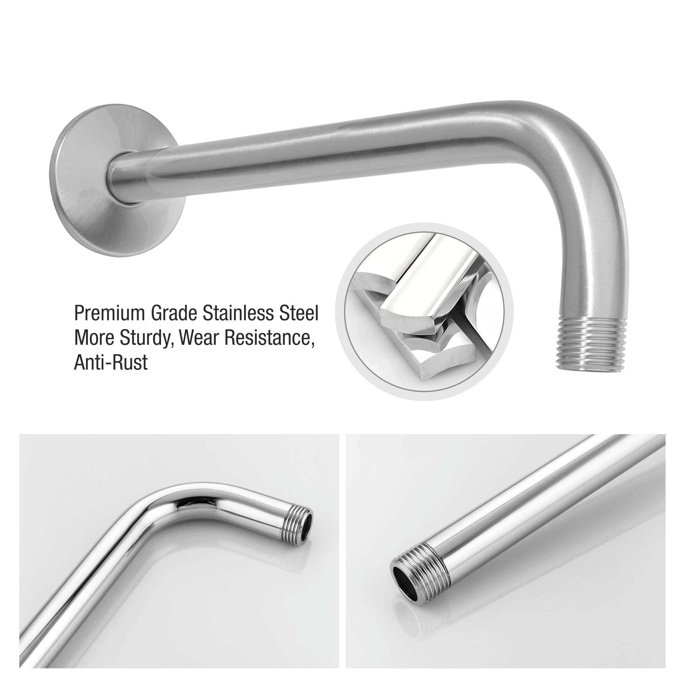 Ruhe® 12 Inches Premium Grade Stainless Steel Full Bend Round Shower Arm | Chrome Finish 2